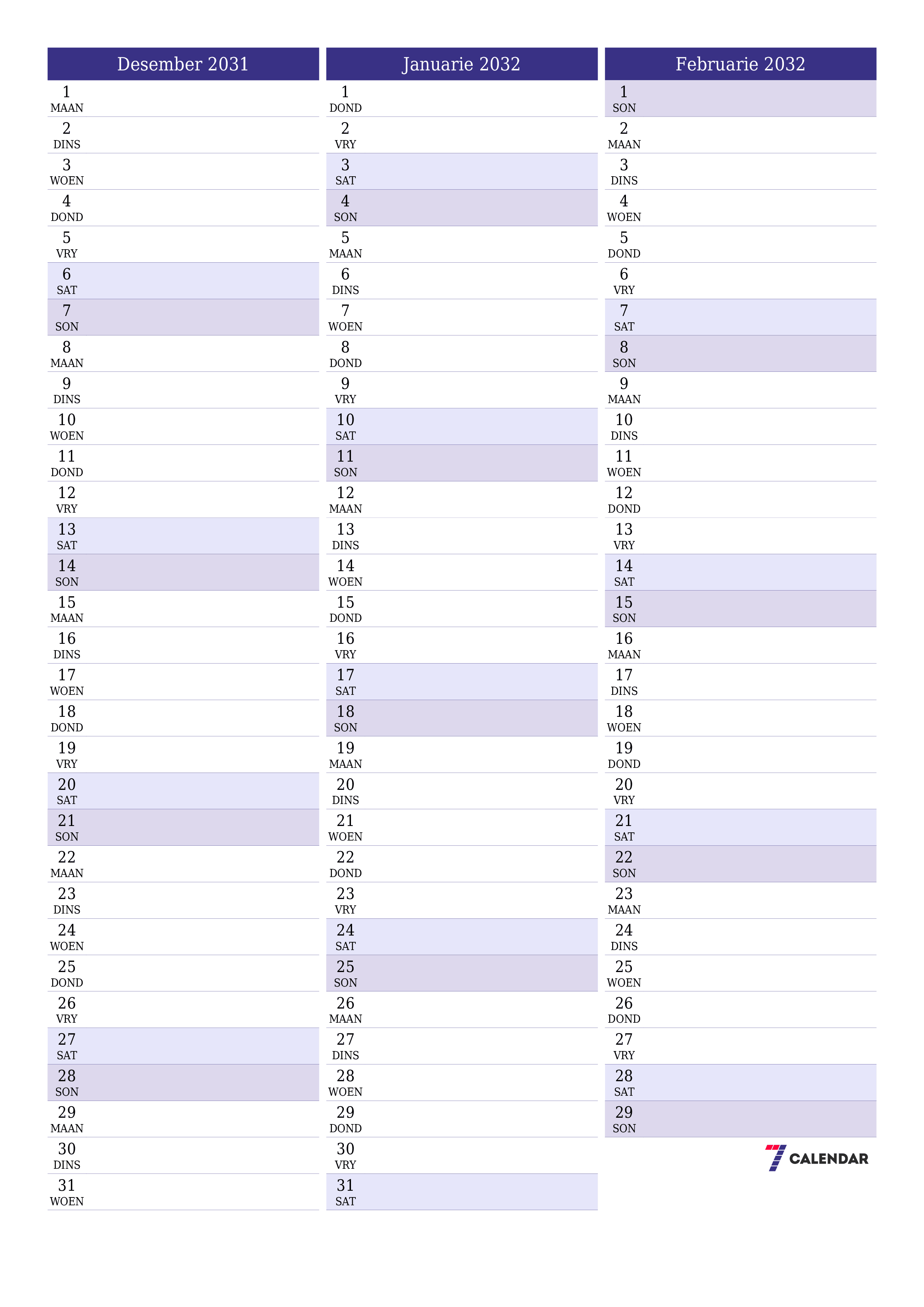 drukbare muur template gratis vertikaal Maandeliks beplanner kalender Desember (Des) 2031