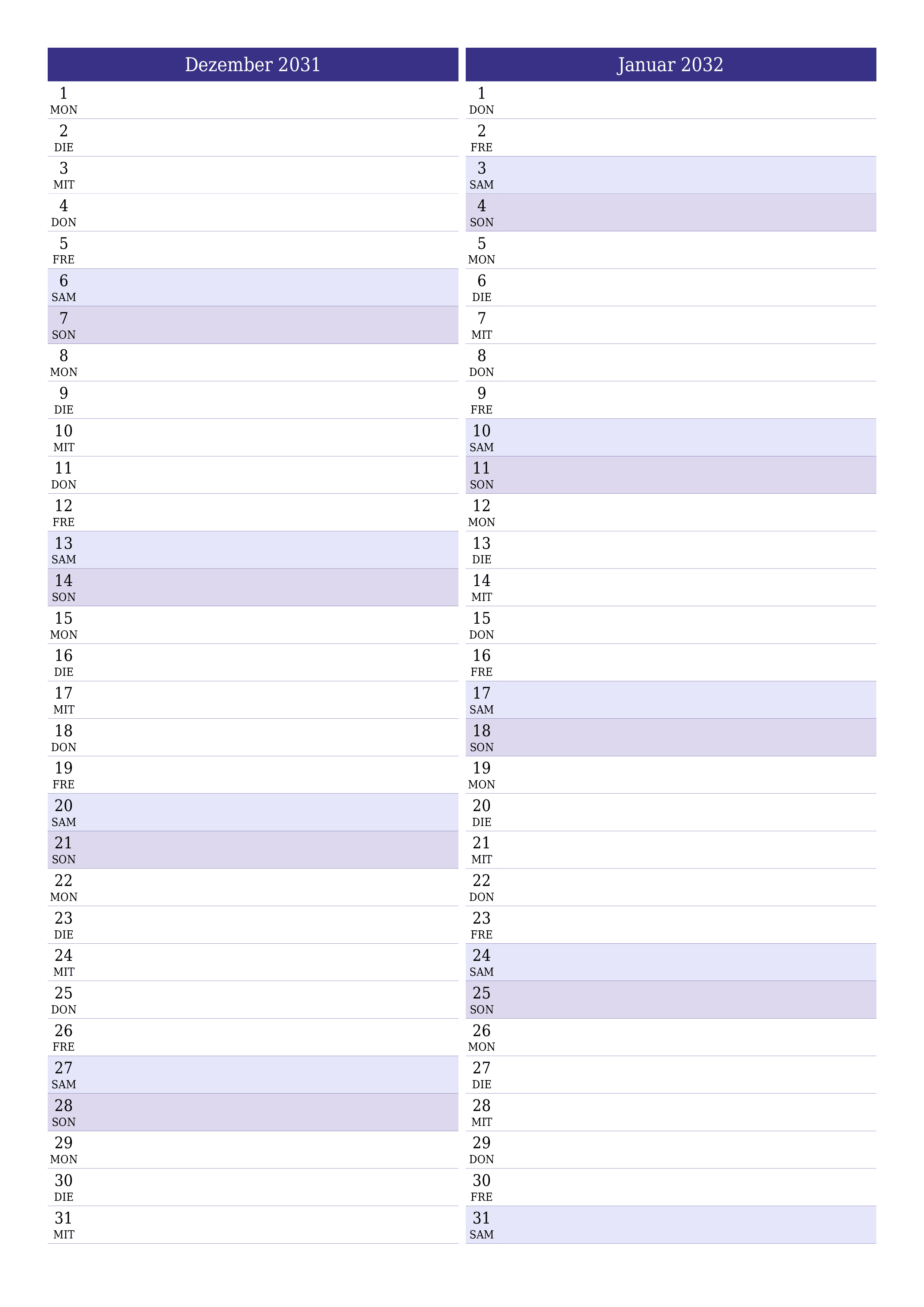  zum Ausdrucken Wandkalender vorlage kostenloser vertikal Monatlich Planer Kalender Dezember (Dez) 2031