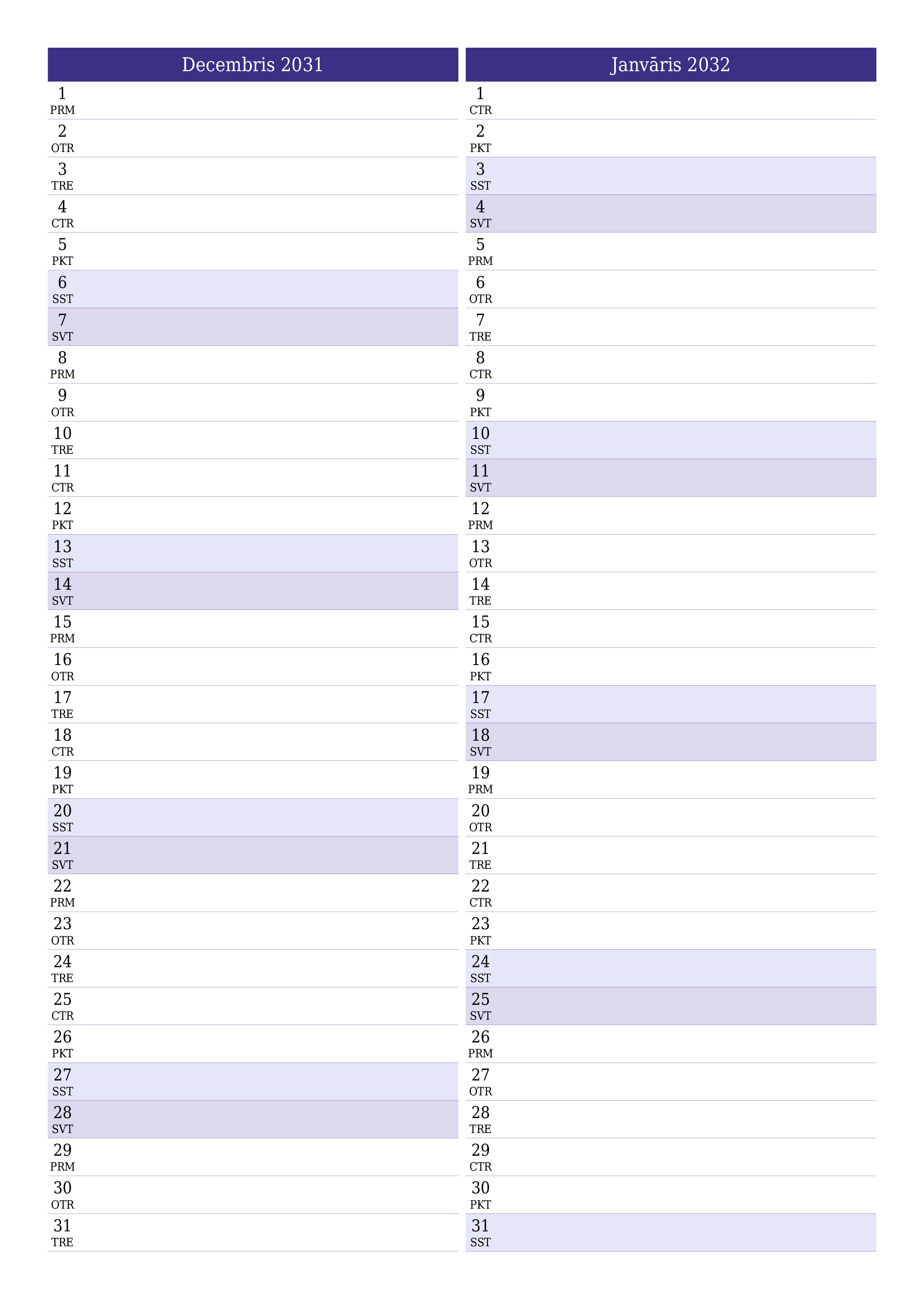 izdrukājams sienas kalendāra veidne bezmaksas vertikāli Mēneša plānotājs kalendārs Decembris (Dec) 2031