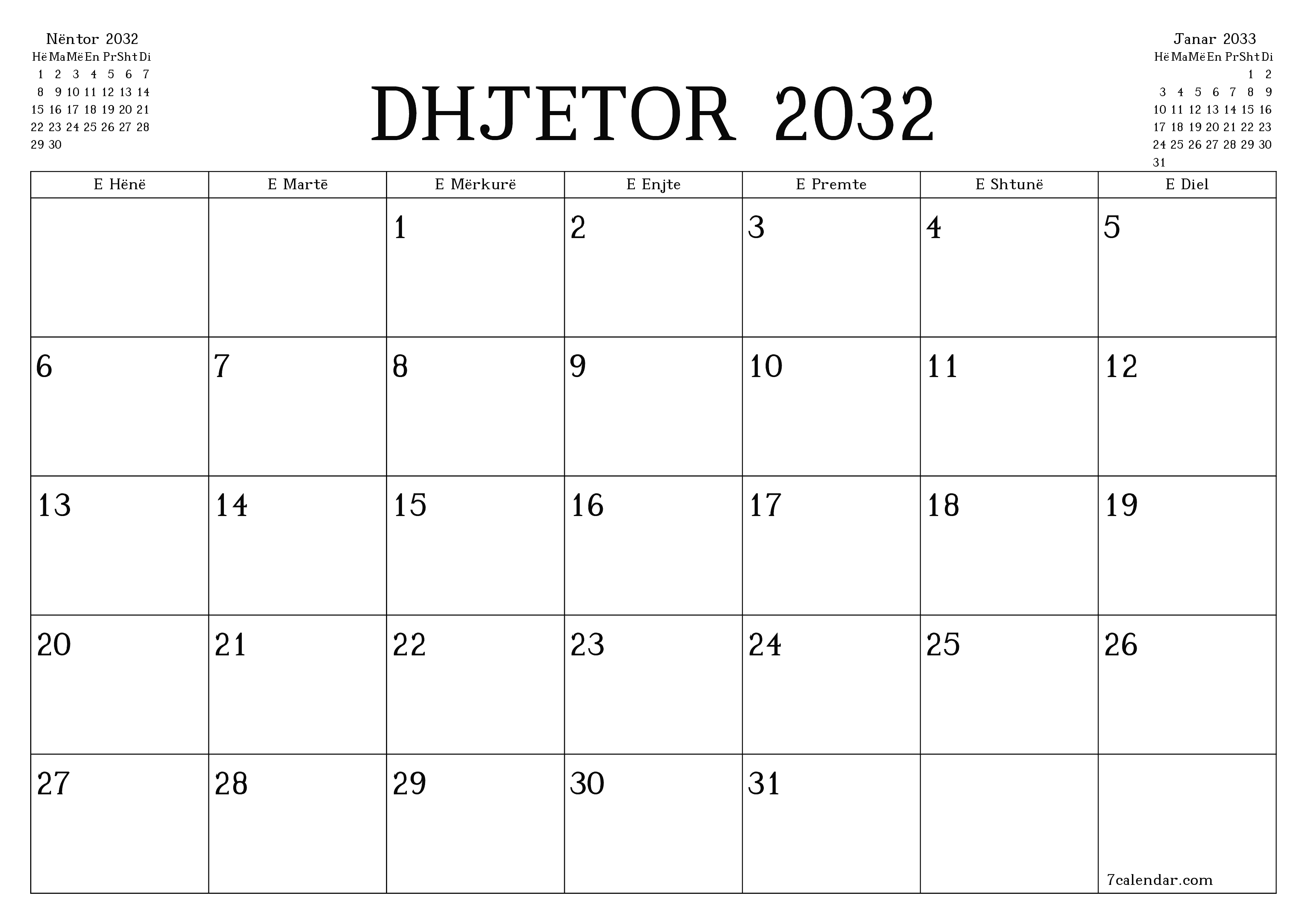 Planifikuesi i zbrazët i kalendarit mujor për muajin Dhjetor 2032 me shënime të ruajtura dhe të printuara në PDF PNG Albanian