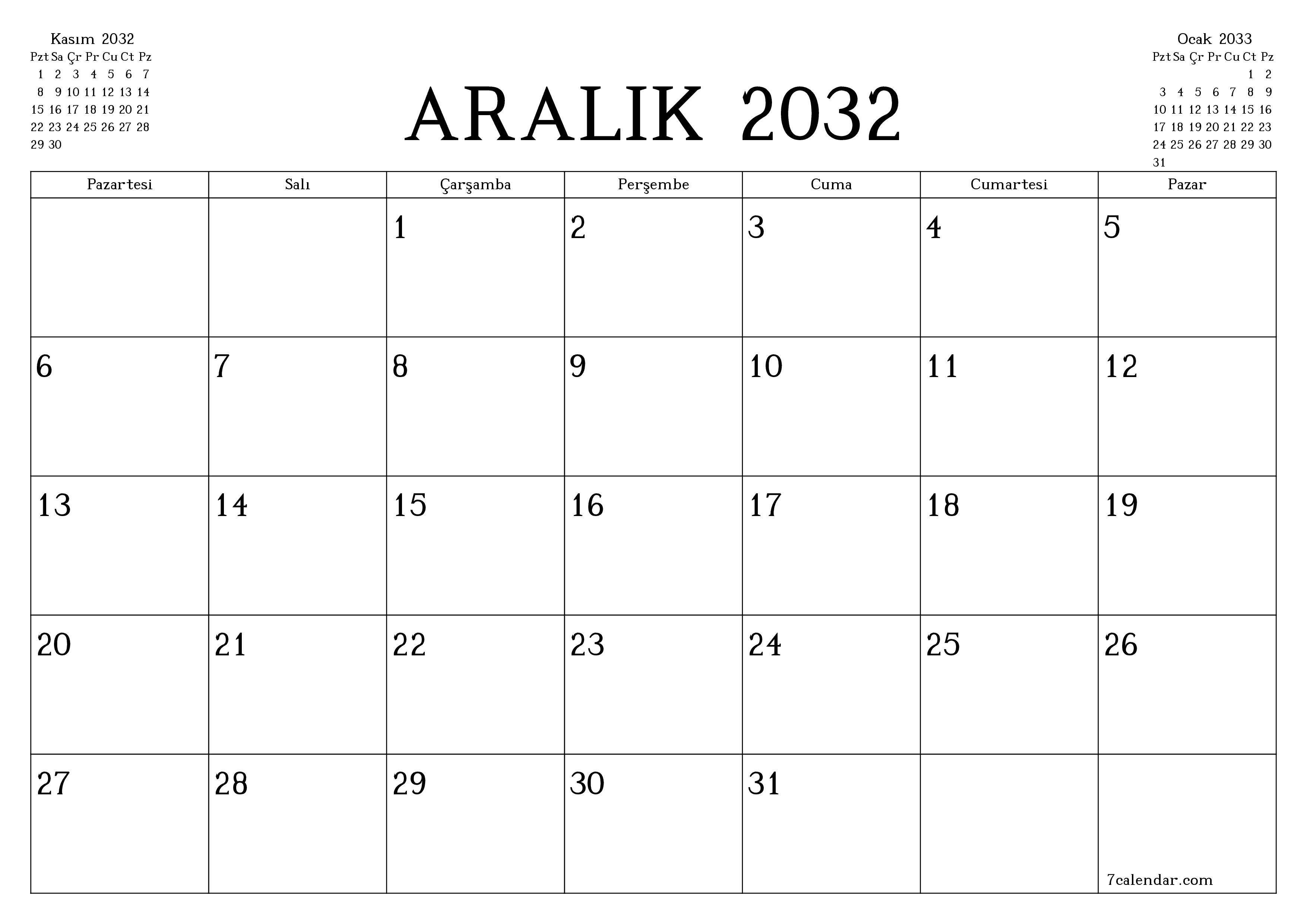 Aralık 2032 ayı için notlarla birlikte boş aylık planlayıcı, kaydedin ve PDF'ye yazdırın PNG Turkish