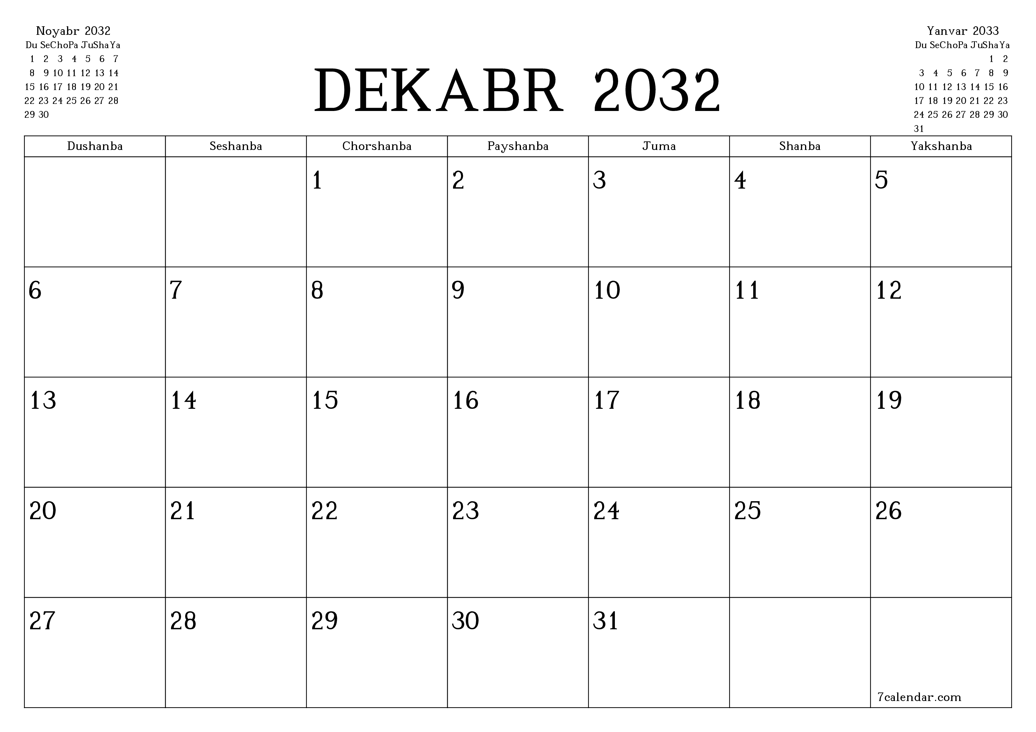 Dekabr 2032 oylik oylik rejalashtiruvchini yozuvlar bilan bo'shatish, saqlash va PDF-ga chop etish PNG Uzbek