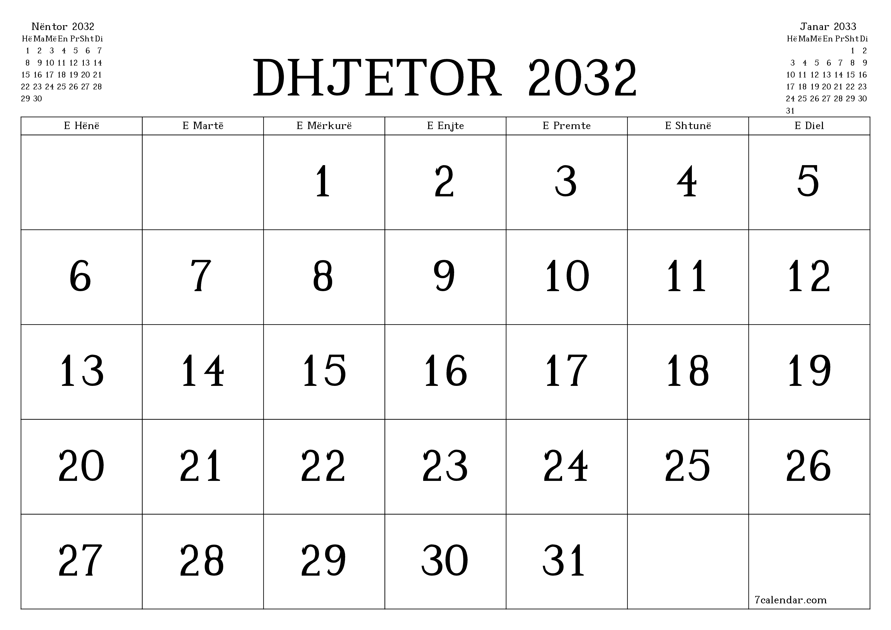 Planifikuesi i zbrazët i kalendarit mujor për muajin Dhjetor 2032 me shënime të ruajtura dhe të printuara në PDF PNG Albanian