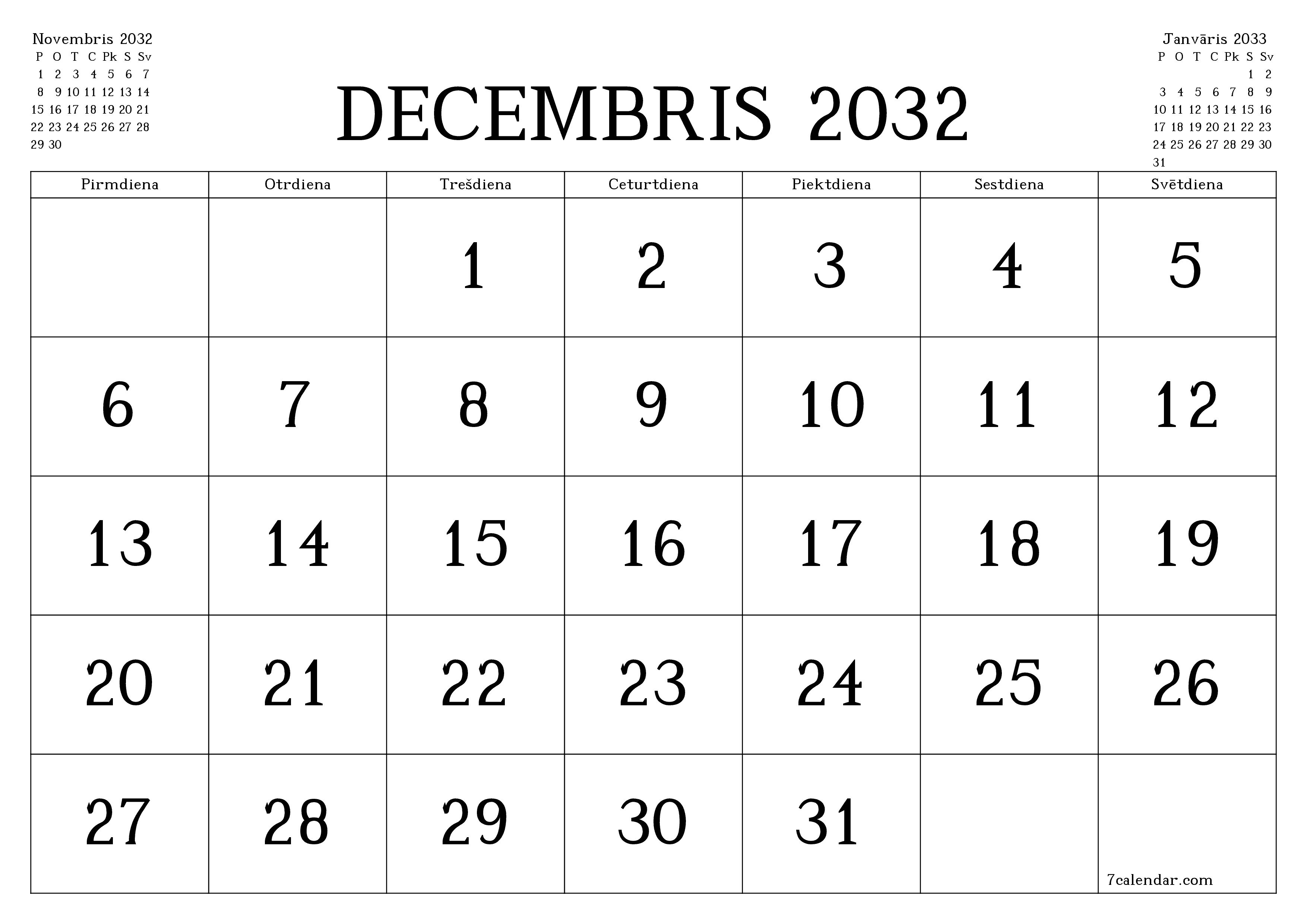 Iztukšot mēneša plānotāju mēnesim Decembris 2032 ar piezīmēm, saglabāt un izdrukāt PDF formātā PNG Latvian