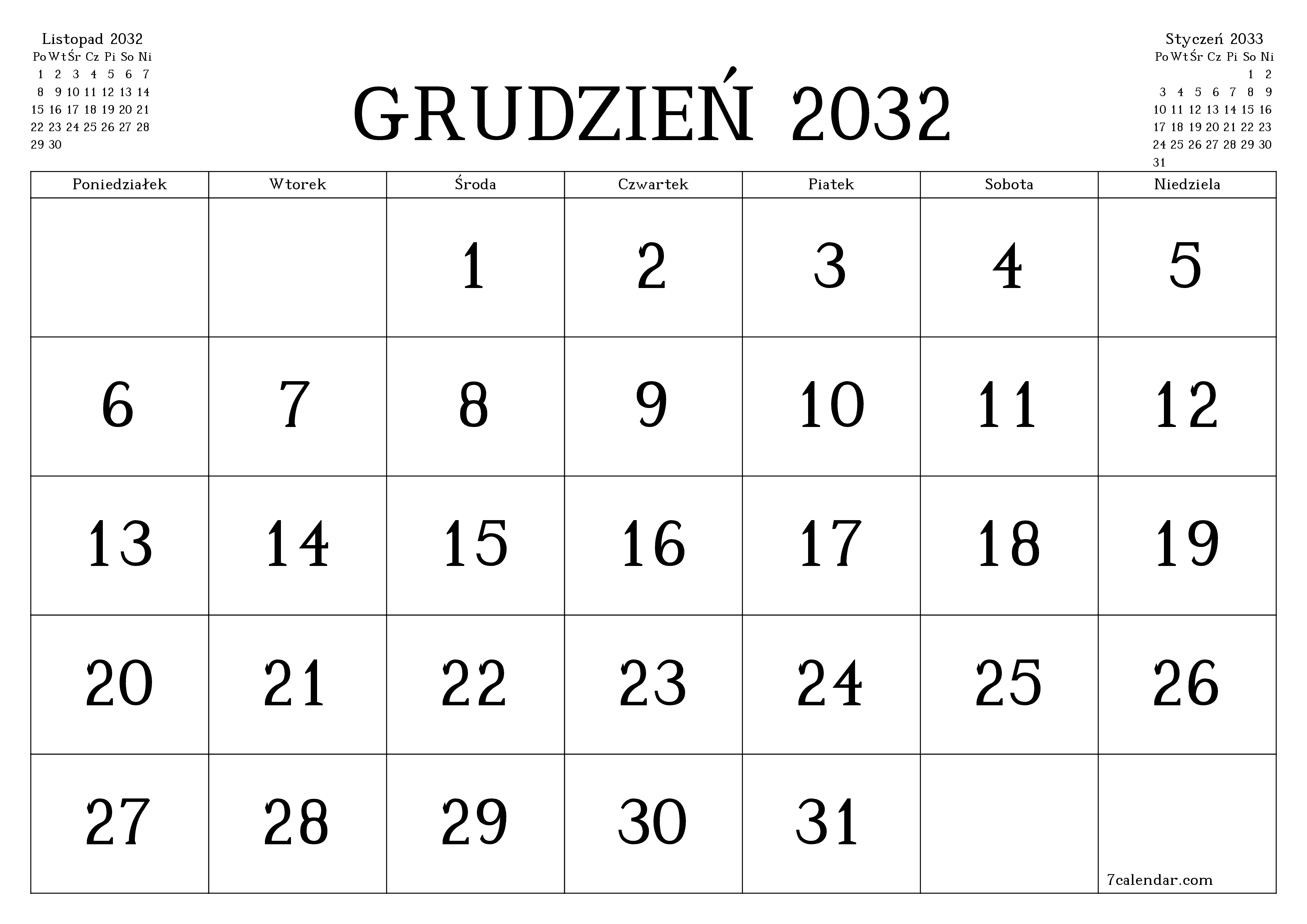 Opróżnij miesięczny planer na miesiąc Grudzień 2032 z notatkami, zapisz i wydrukuj w formacie PDF PNG Polish