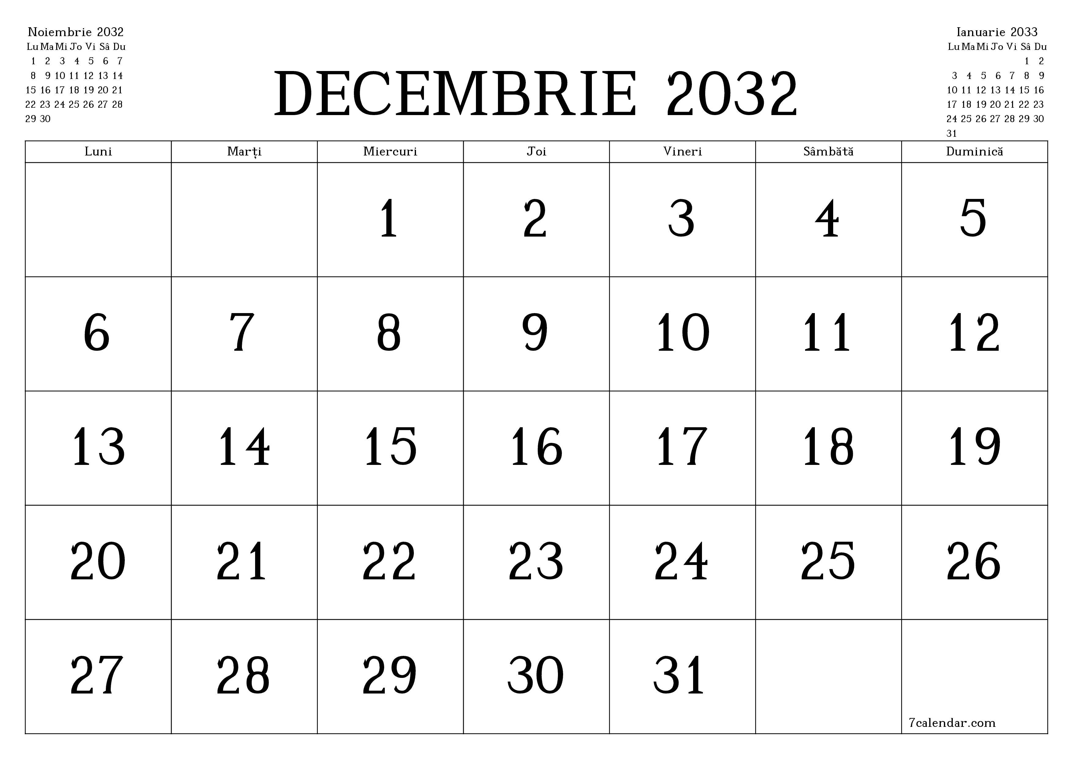 Planificator lunar gol pentru luna Decembrie 2032 cu note, salvați și tipăriți în PDF PNG Romanian