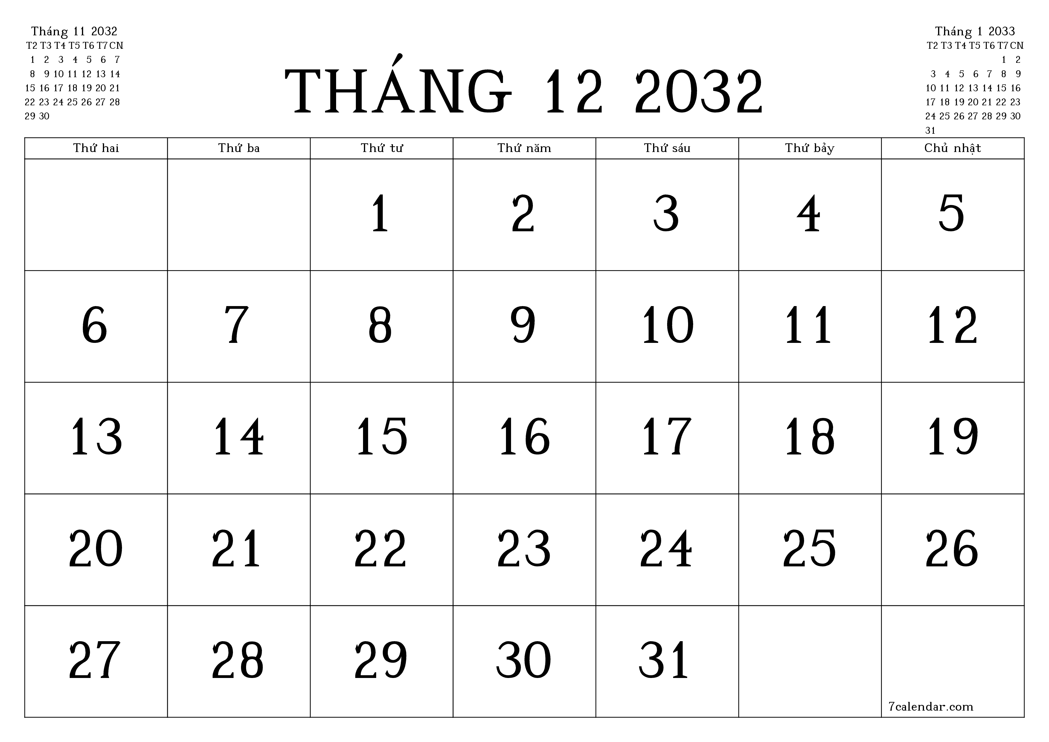 Công cụ lập kế hoạch hàng tháng trống cho tháng Tháng 12 2032 có ghi chú, lưu và in sang PDF PNG Vietnamese
