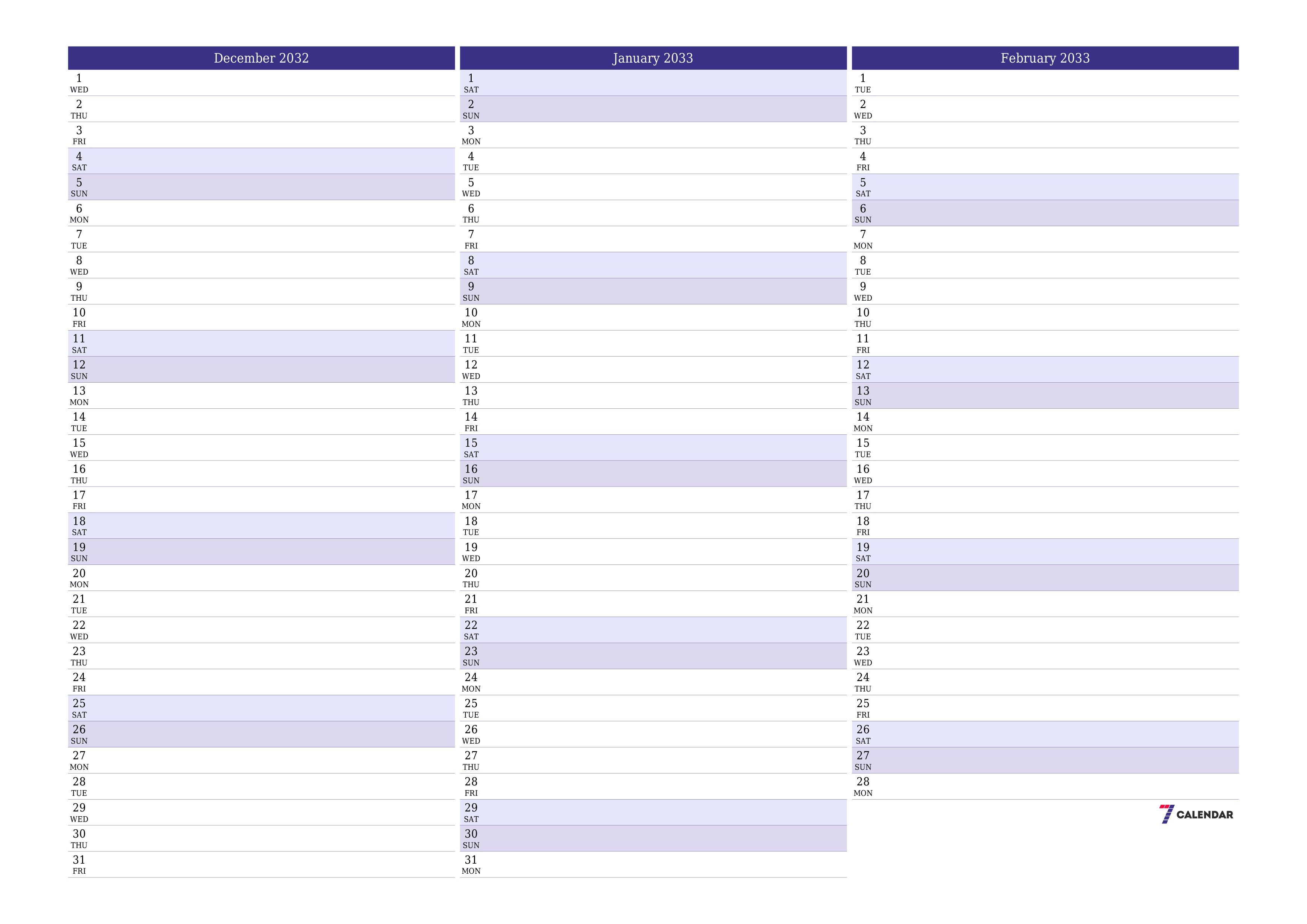 Blank calendar December 2032