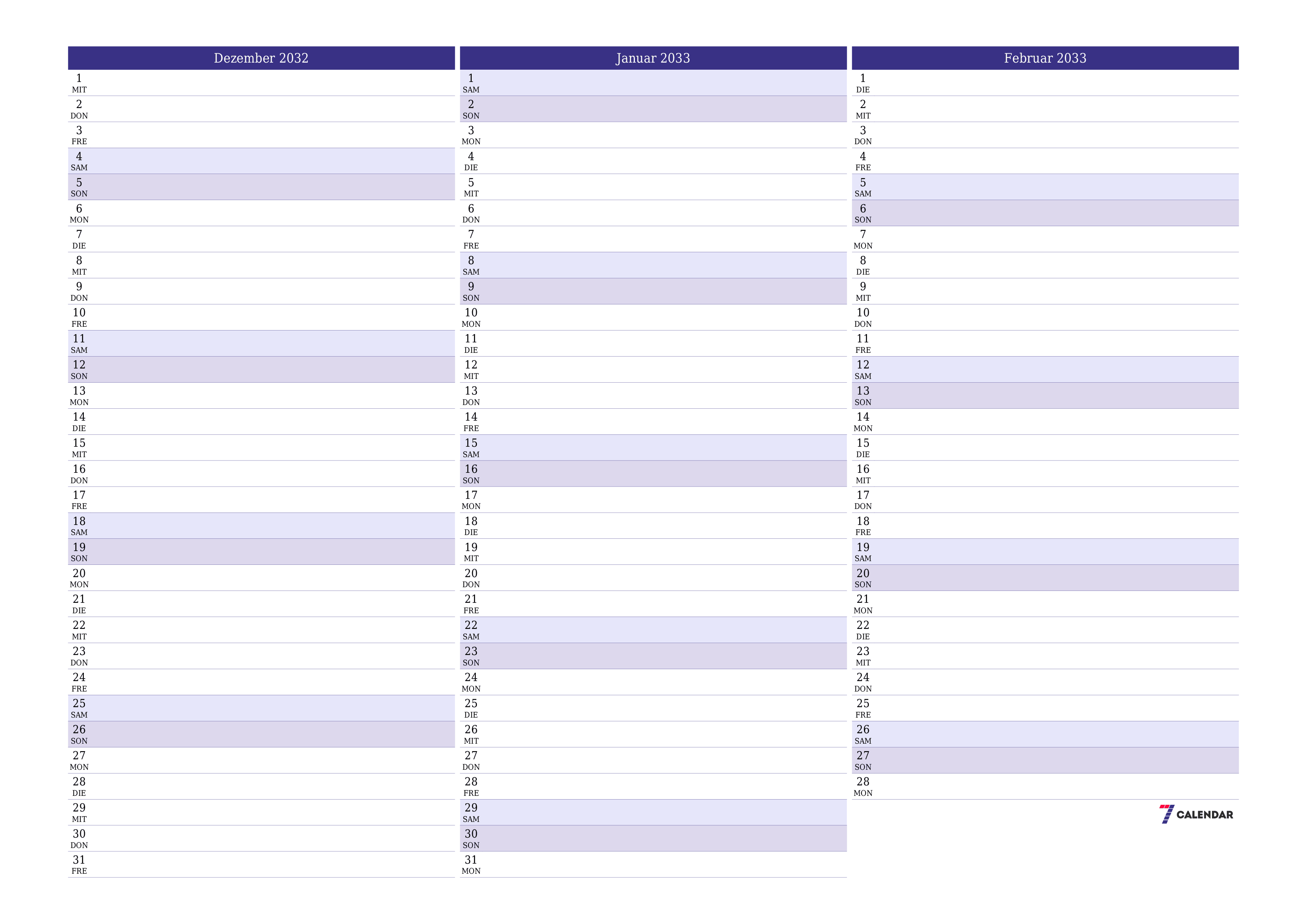 Monatsplaner für Monat Dezember 2032 mit Notizen leeren, speichern und als PDF PNG German - 7calendar.com drucken