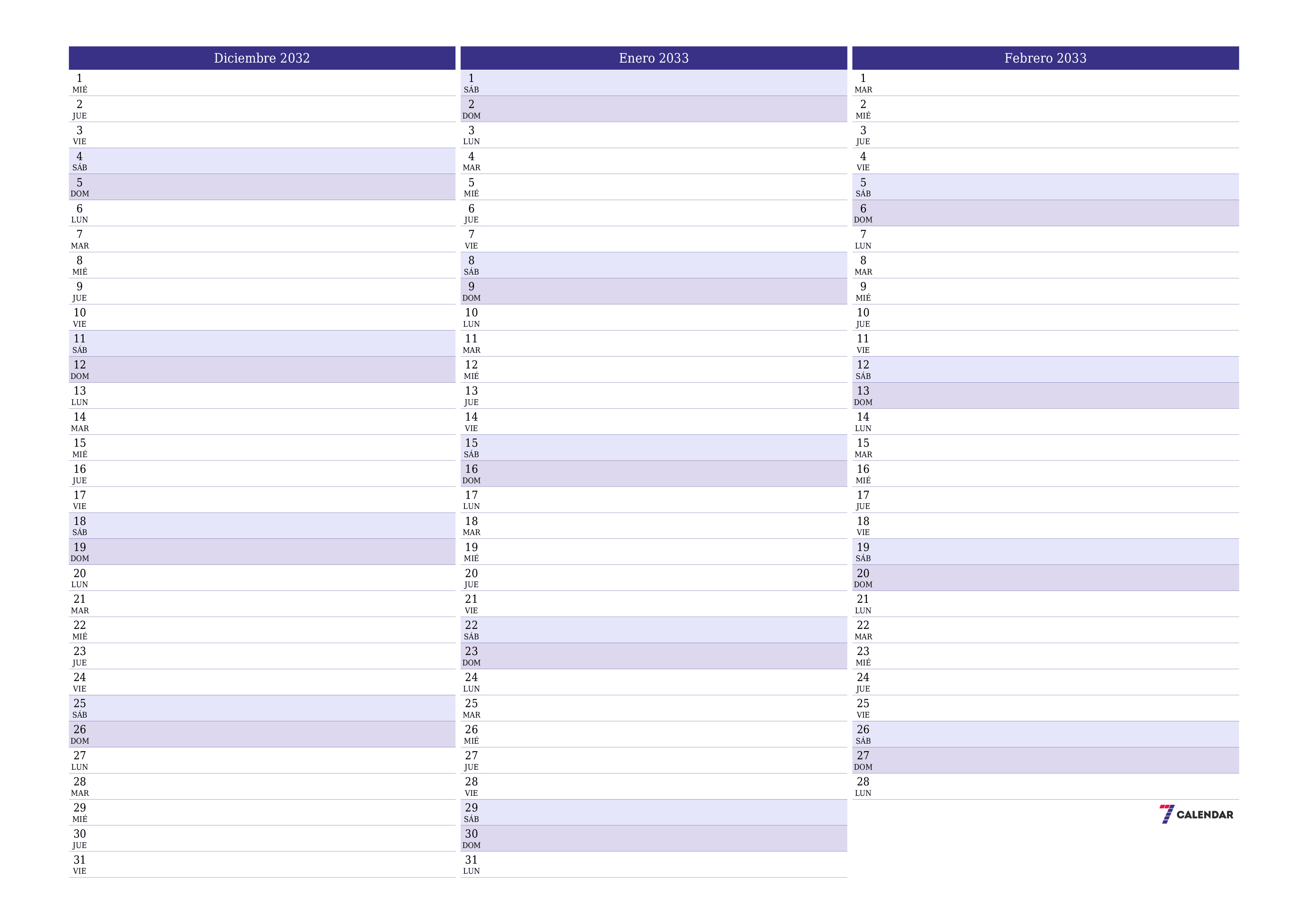 Planificador mensual vacío para el mes Diciembre 2032 con notas, guardar e imprimir en PDF PNG Spanish