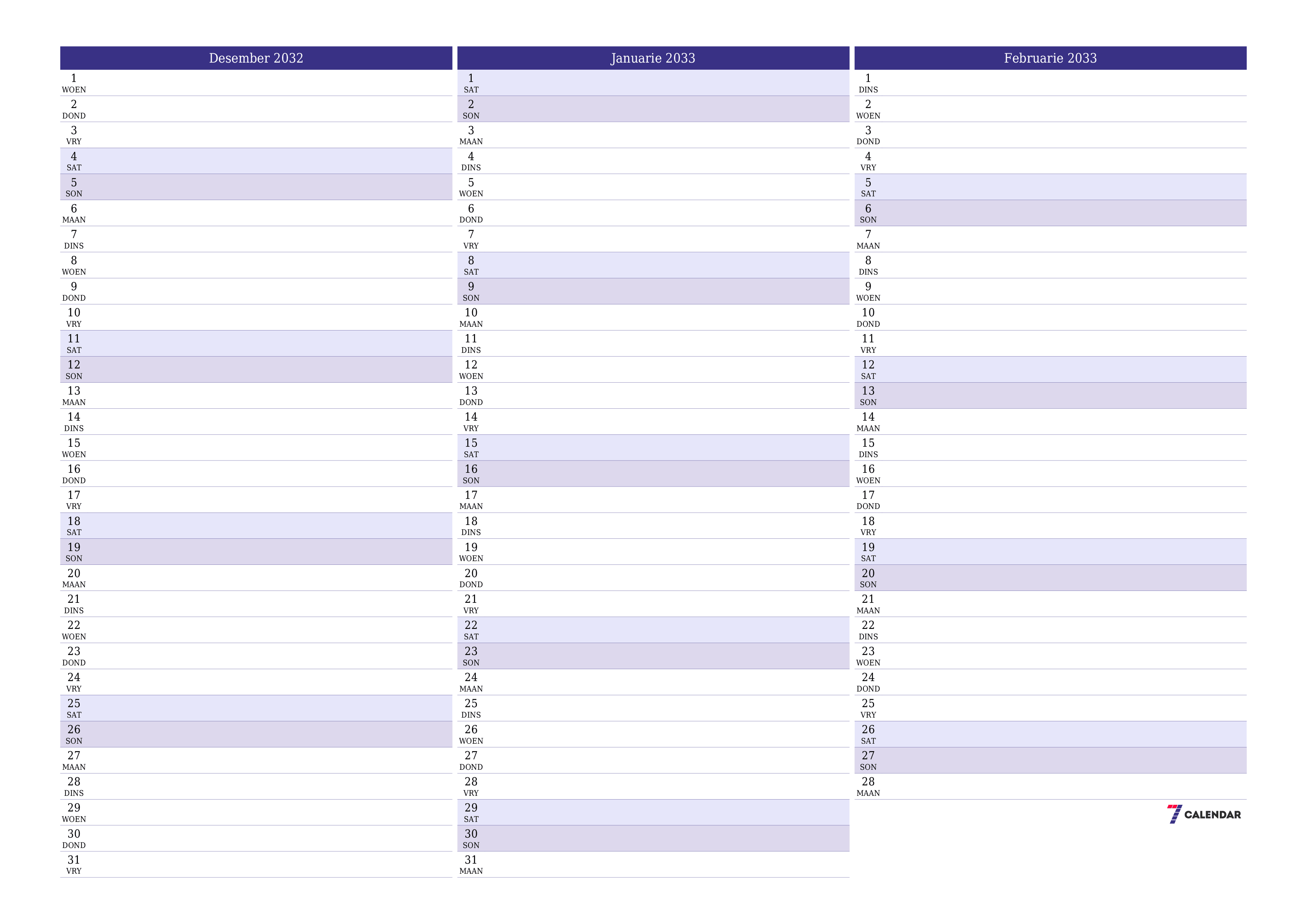 Leë maandelikse drukbare kalender en beplanner vir maand Desember 2032 met notas stoor en druk na PDF PNG Afrikaans