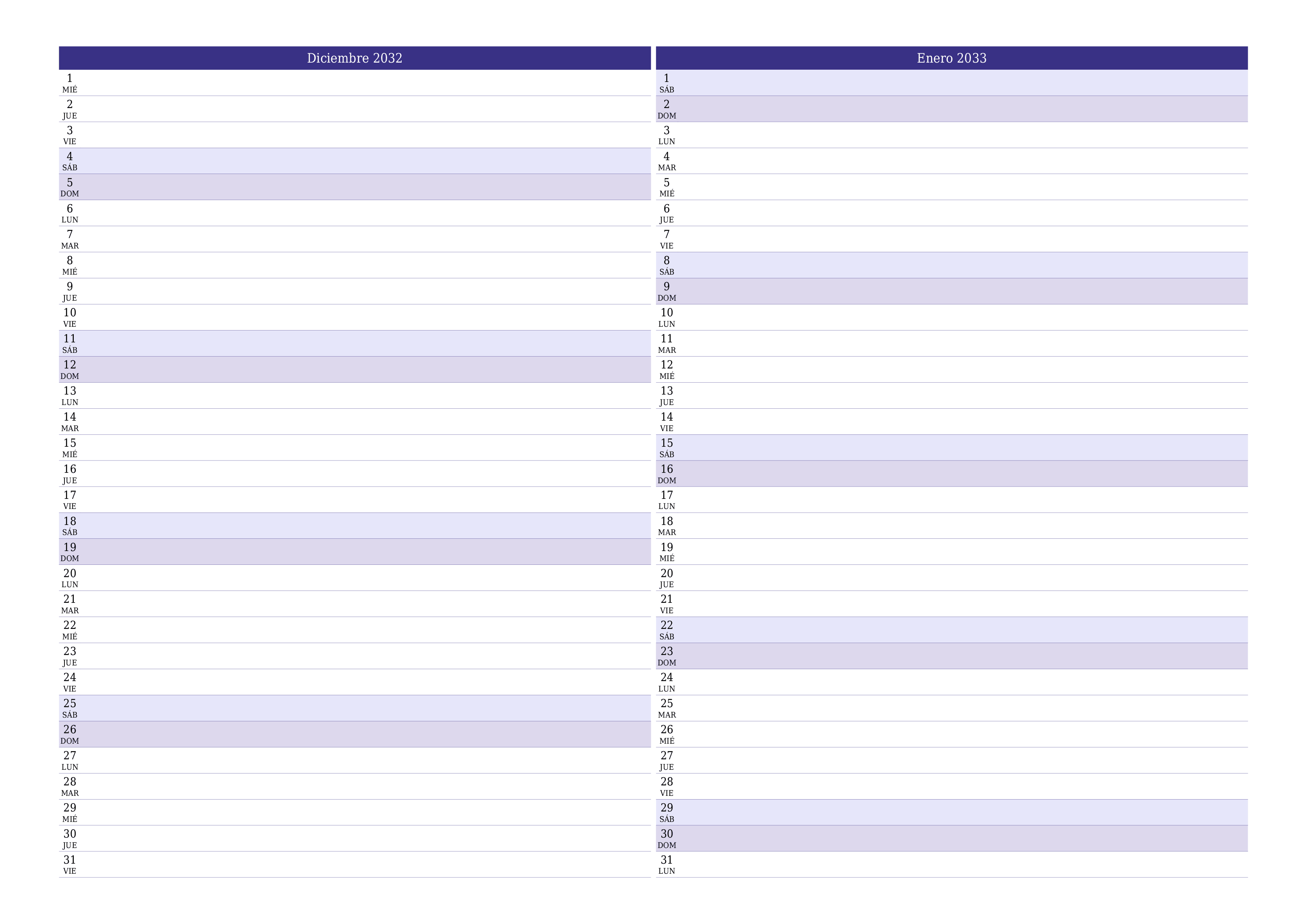 Planificador mensual vacío para el mes Diciembre 2032 con notas, guardar e imprimir en PDF PNG Spanish