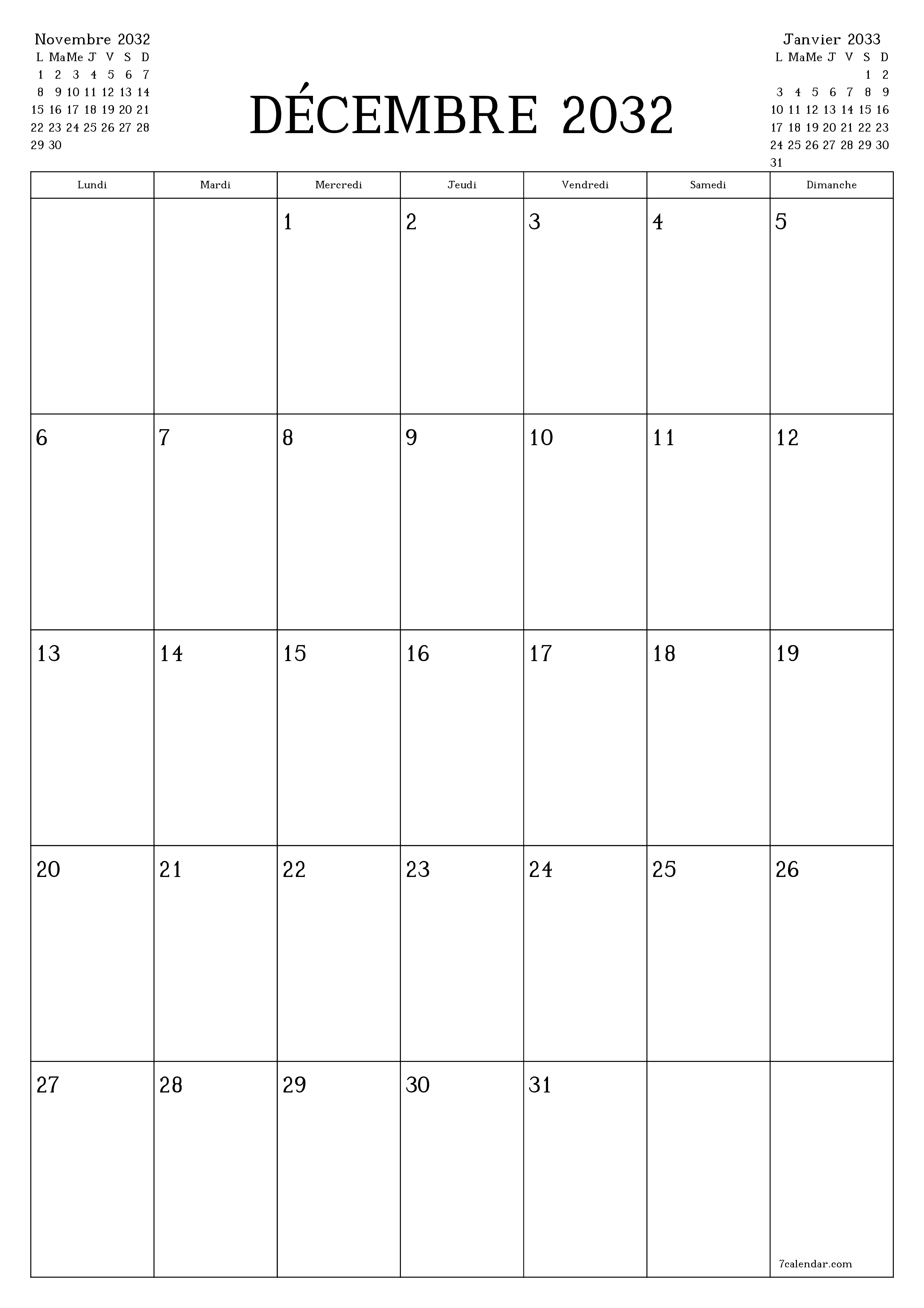  imprimable mural modèle de gratuitverticale Mensuel planificateur calendrier Décembre (Déc) 2032