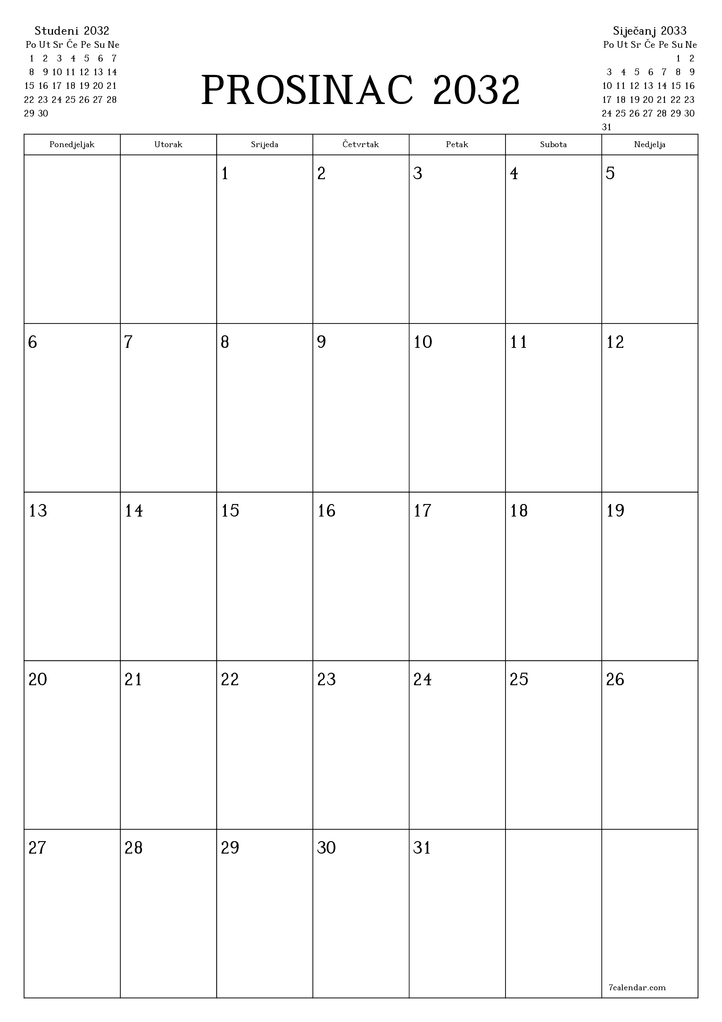  za ispis zidni predložak a besplatni okomito Mjesečni planer kalendar Prosinac (Pro) 2032