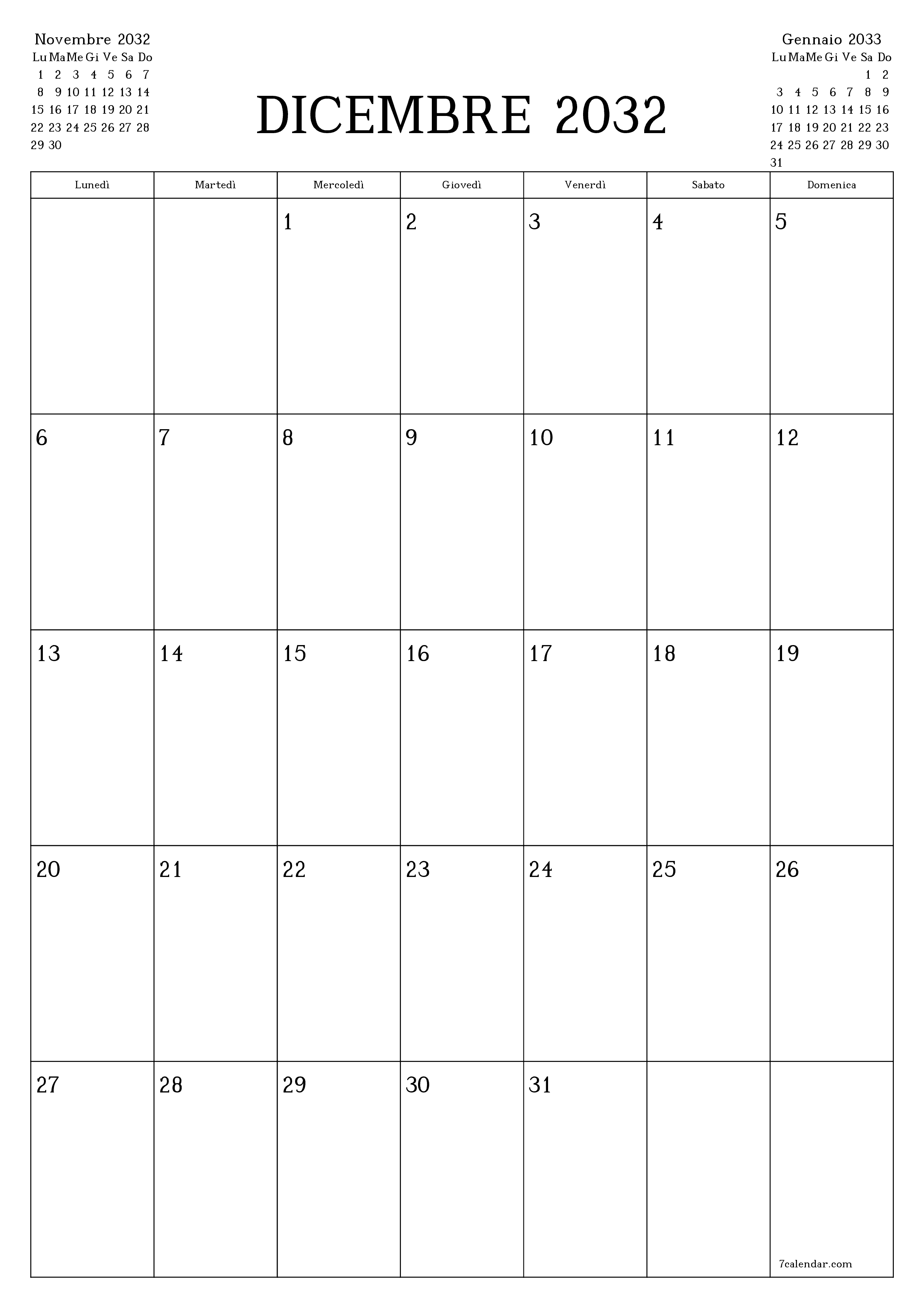  stampabile da parete modello di gratuitoverticale Mensile pianificatore calendario Dicembre (Dic) 2032