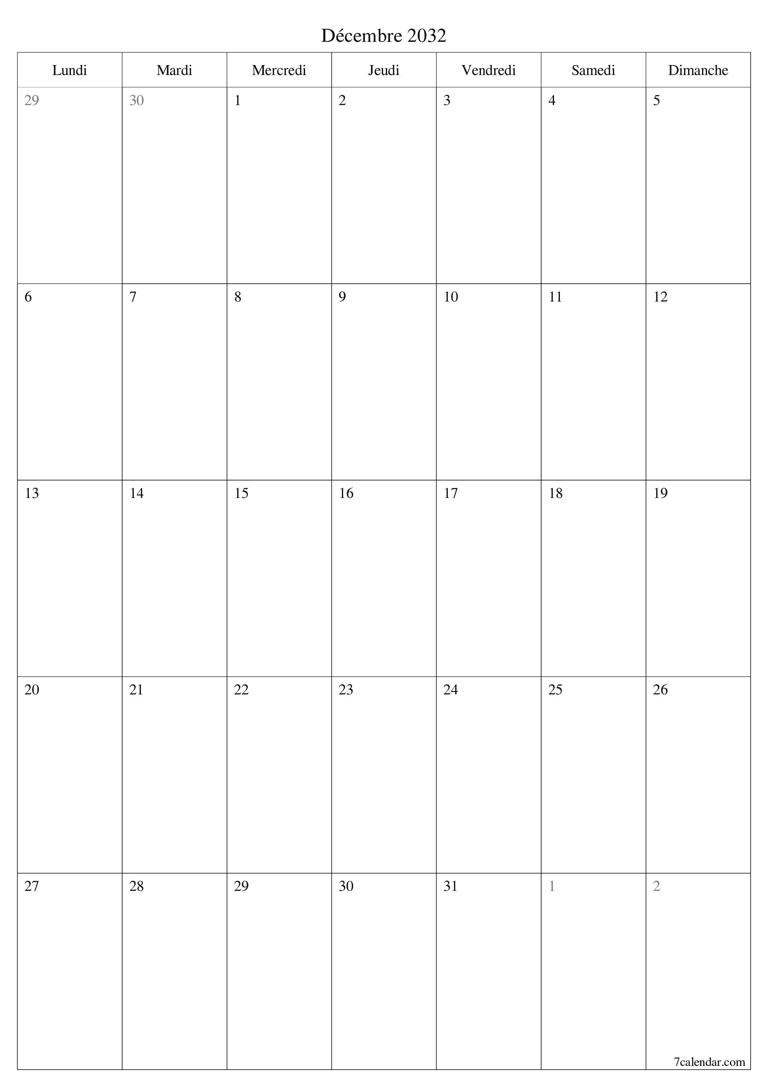  imprimable mural modèle de gratuitverticale Mensuel planificateur calendrier Décembre (Déc) 2032