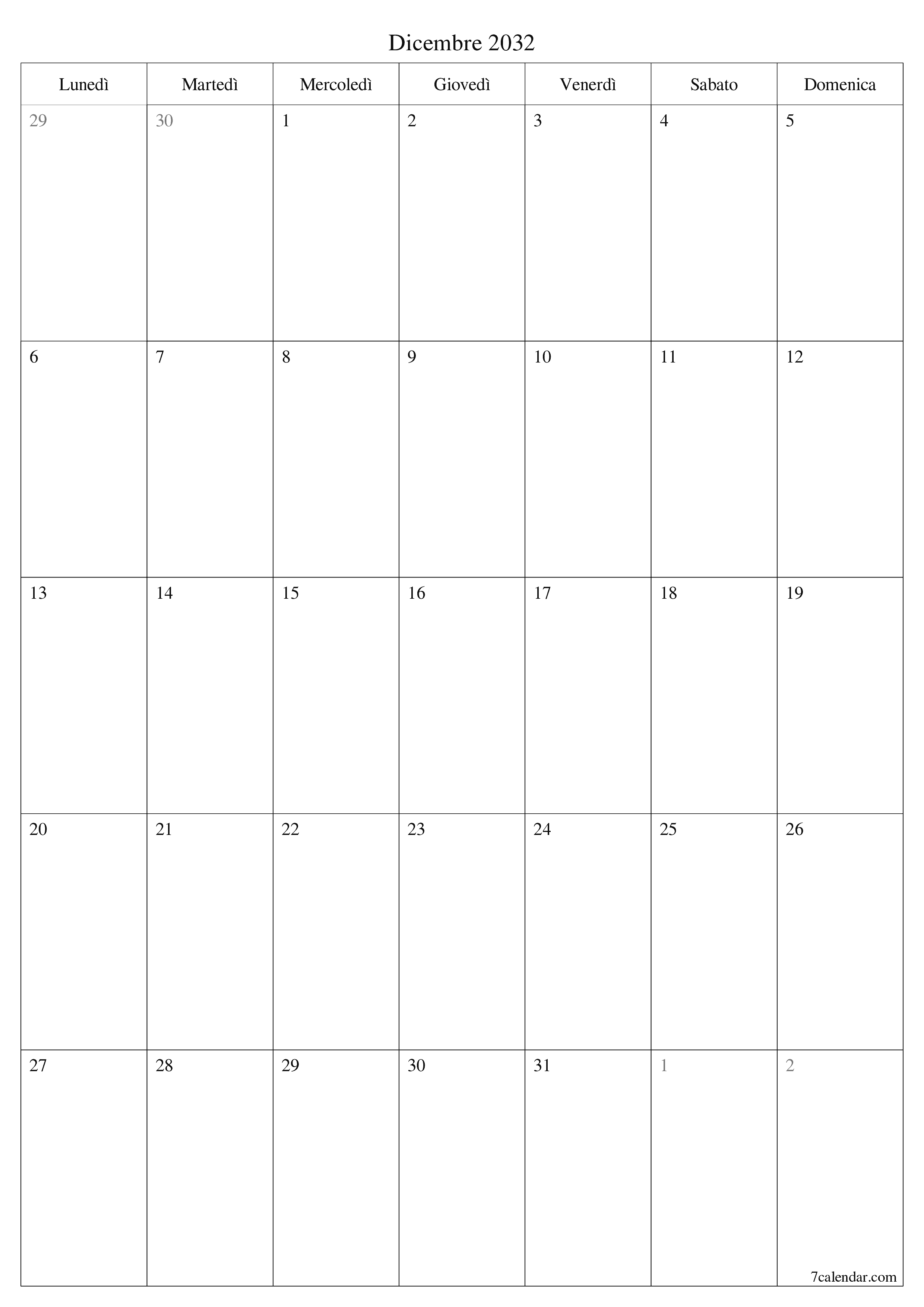  stampabile da parete modello di gratuitoverticale Mensile pianificatore calendario Dicembre (Dic) 2032