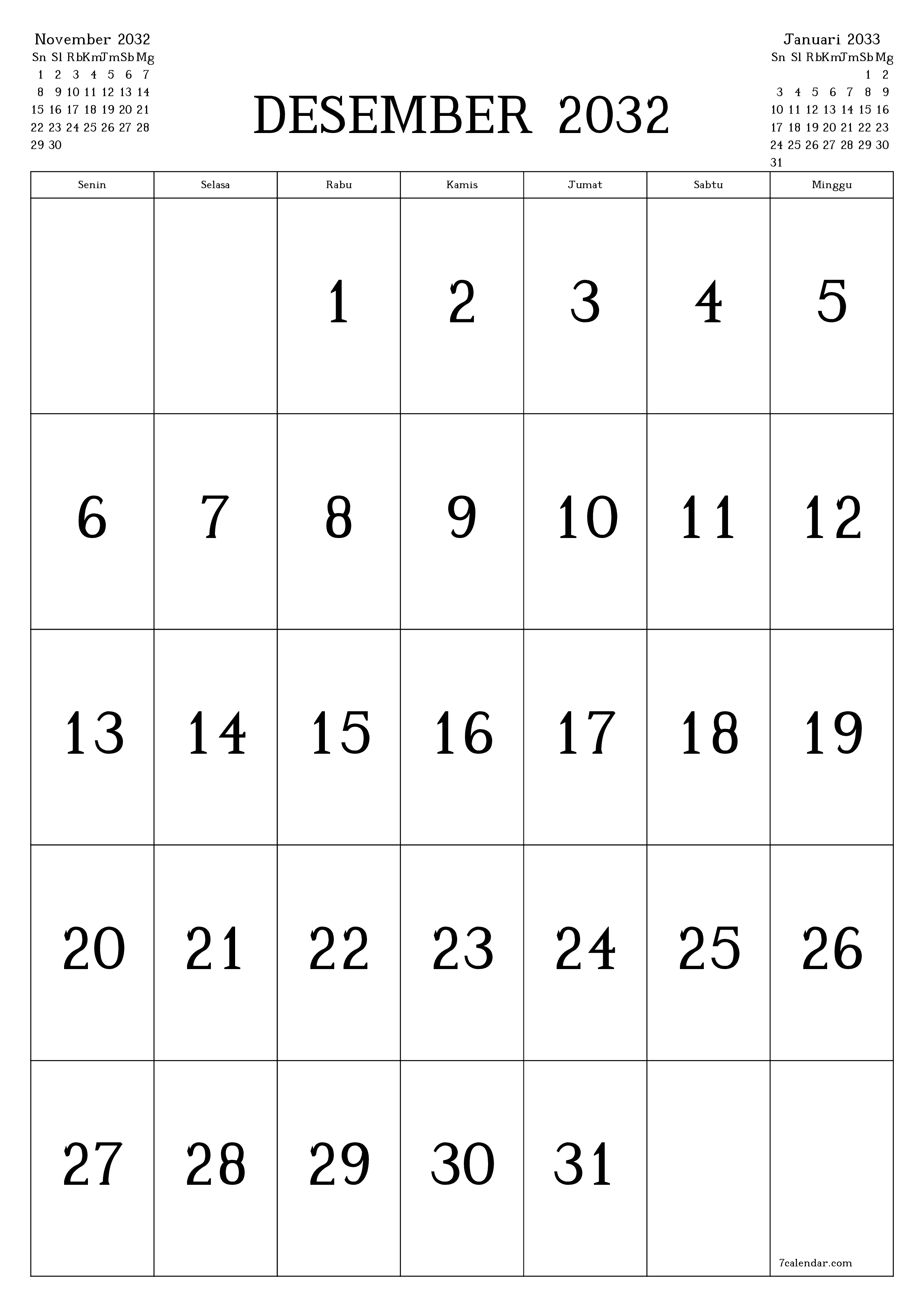  yang dapat dicetak dinding templat gratisvertikal Bulanan kalender Desember (Des) 2032