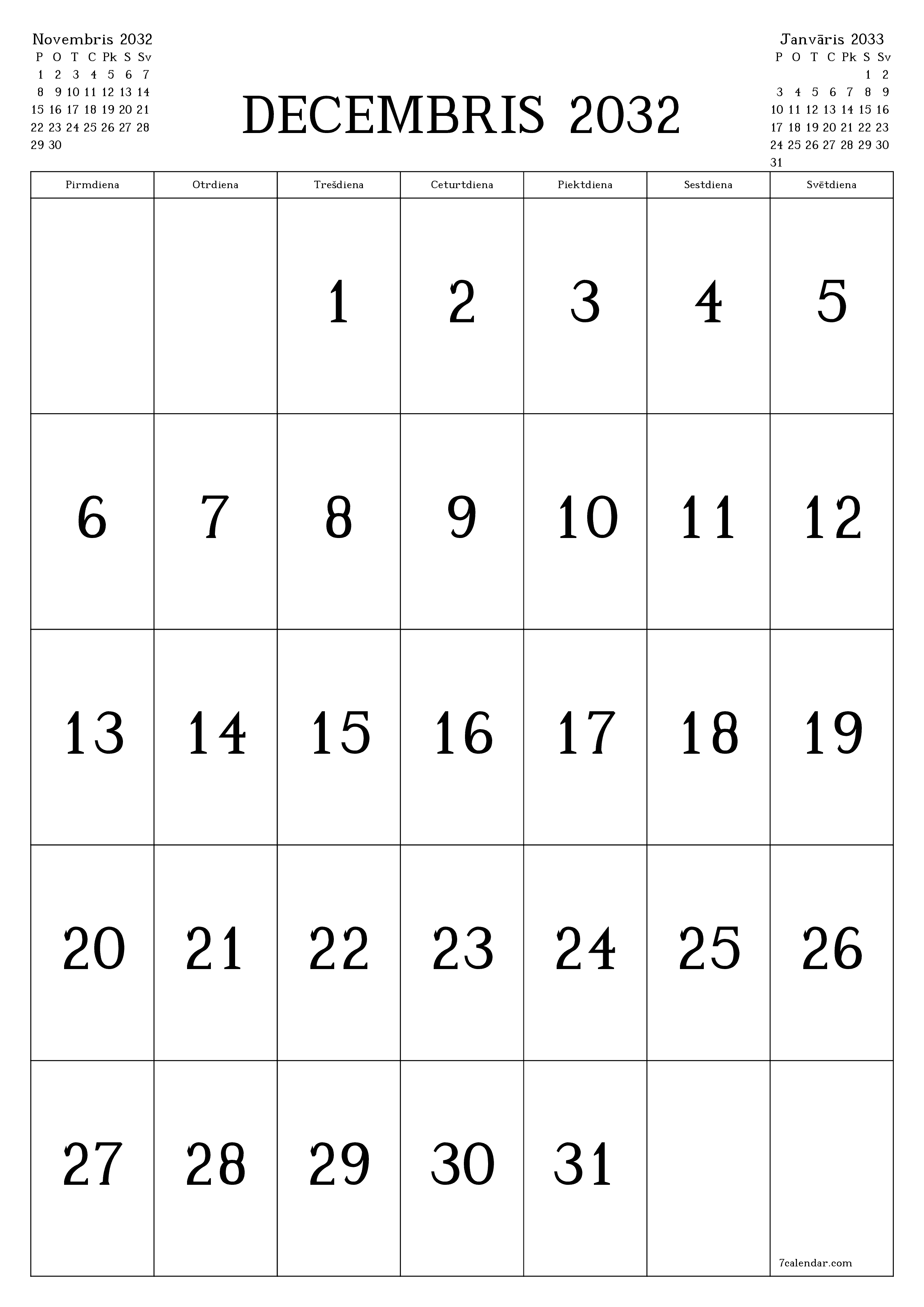 izdrukājams sienas kalendāra veidne bezmaksas vertikāli Mēneša kalendārs Decembris (Dec) 2032