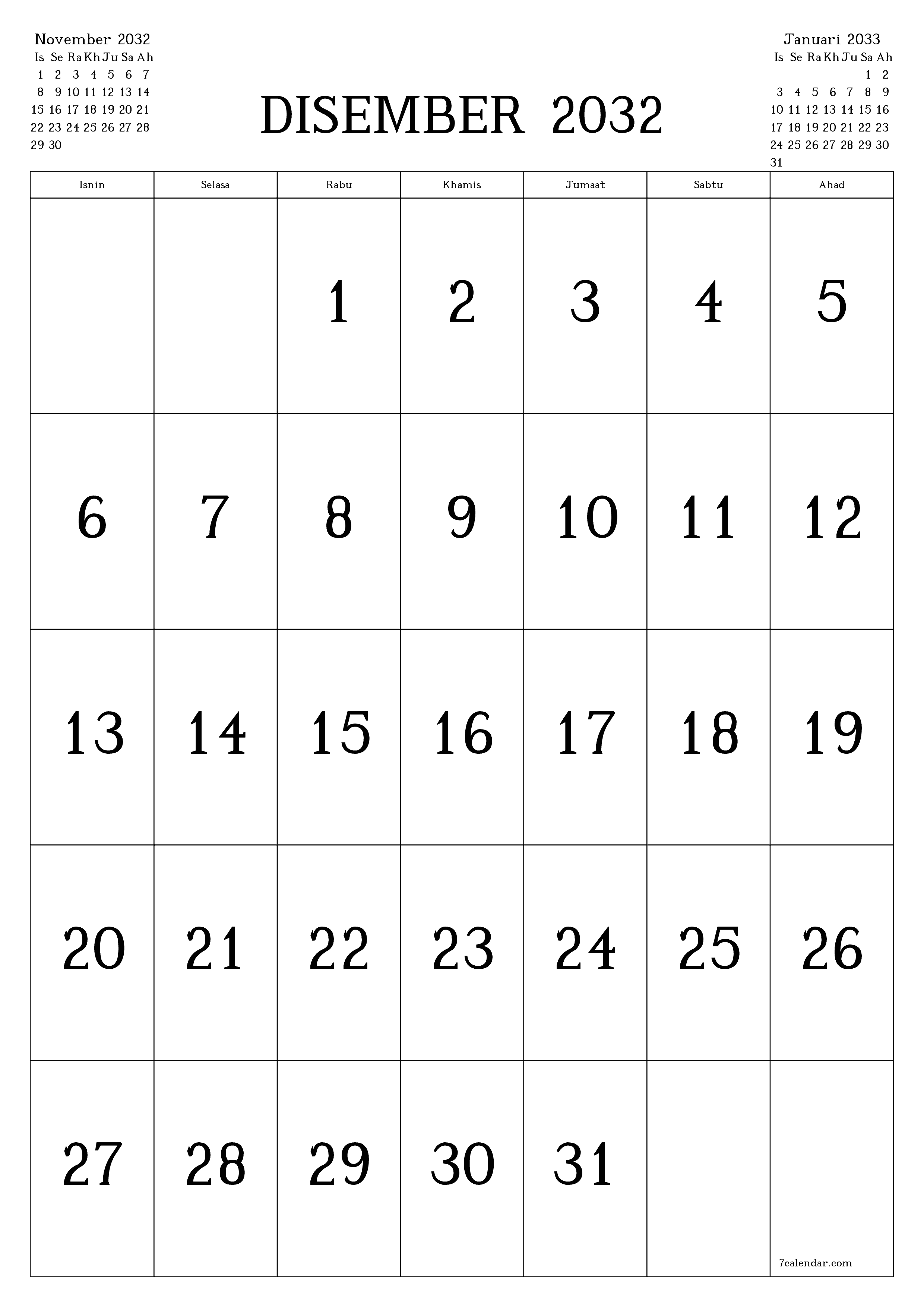  boleh cetak dinding templat percumamenegak Bulanan kalendar Disember (Dis) 2032