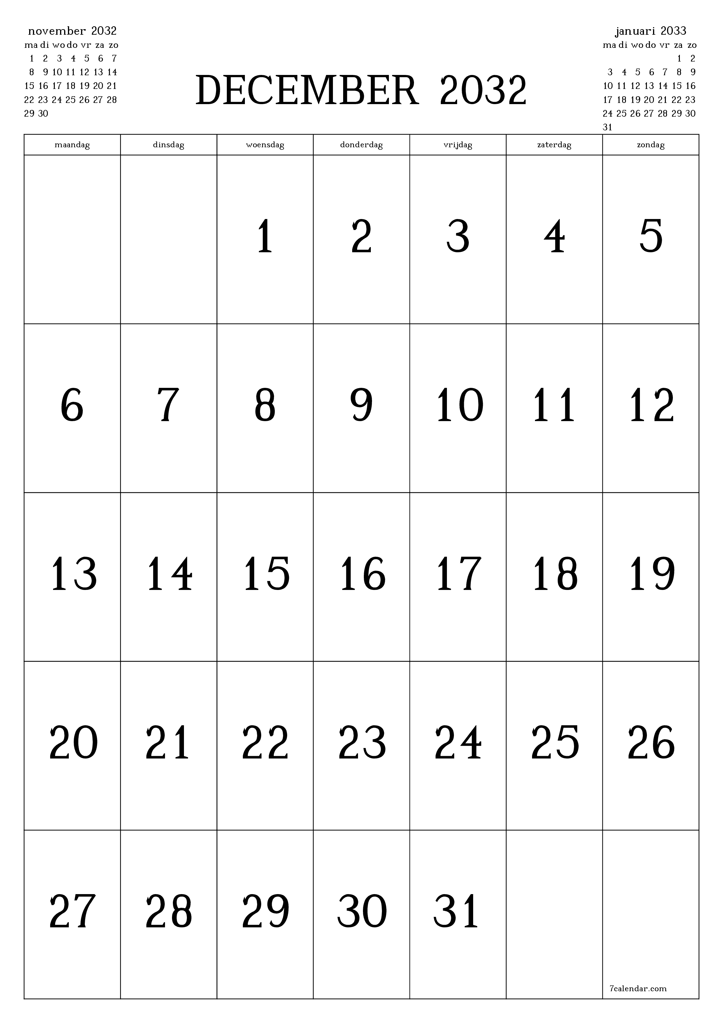 afdrukbare muur sjabloon gratis verticaal Maandelijks kalender december (dec) 2032
