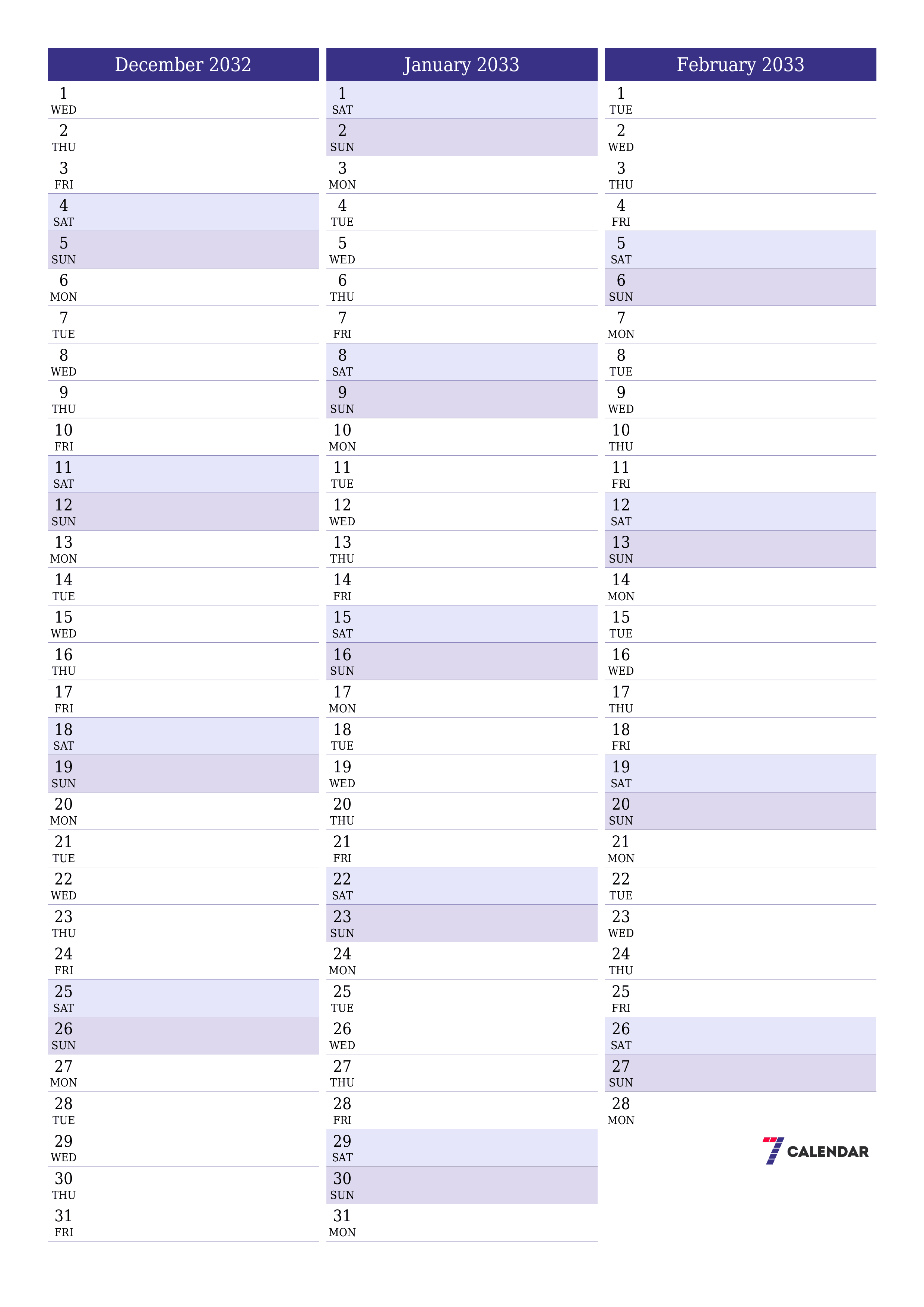 Blank calendar December 2032