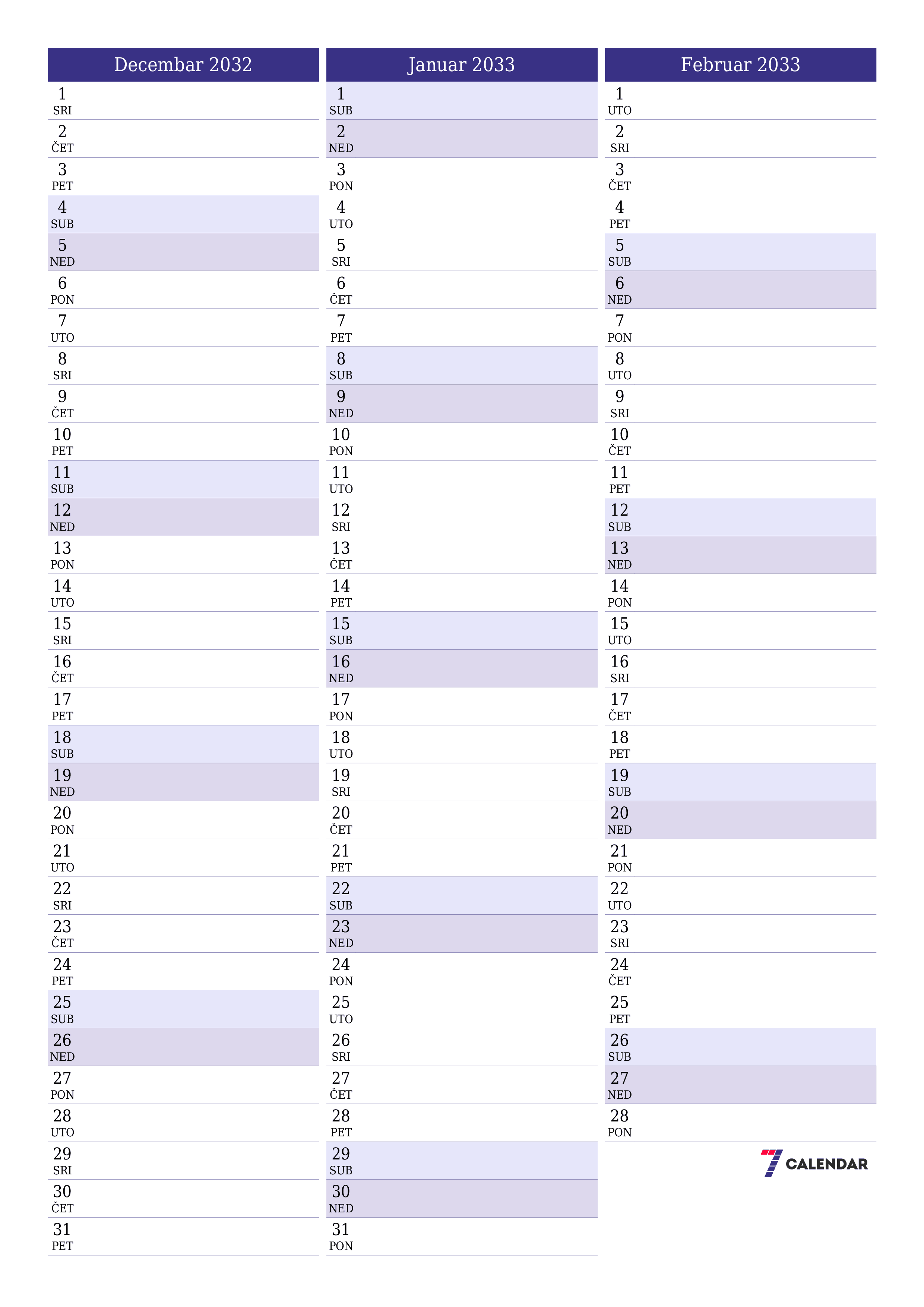  za štampanje zidni šablon a besplatni vertikalno Mjesečno planer kalendar Decembar (Dec) 2032