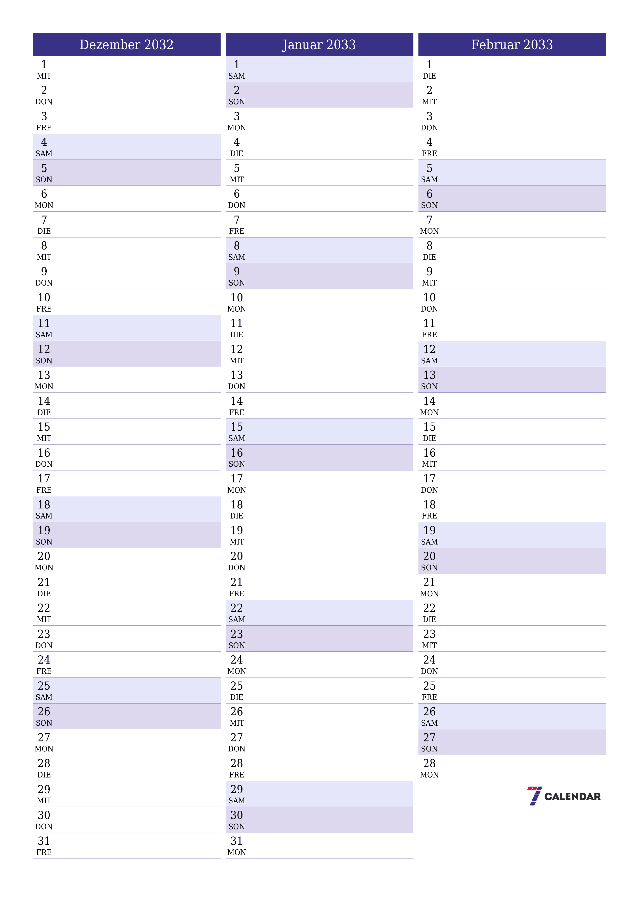  zum Ausdrucken Wandkalender vorlage kostenloser vertikal Monatlich Planer Kalender Dezember (Dez) 2032