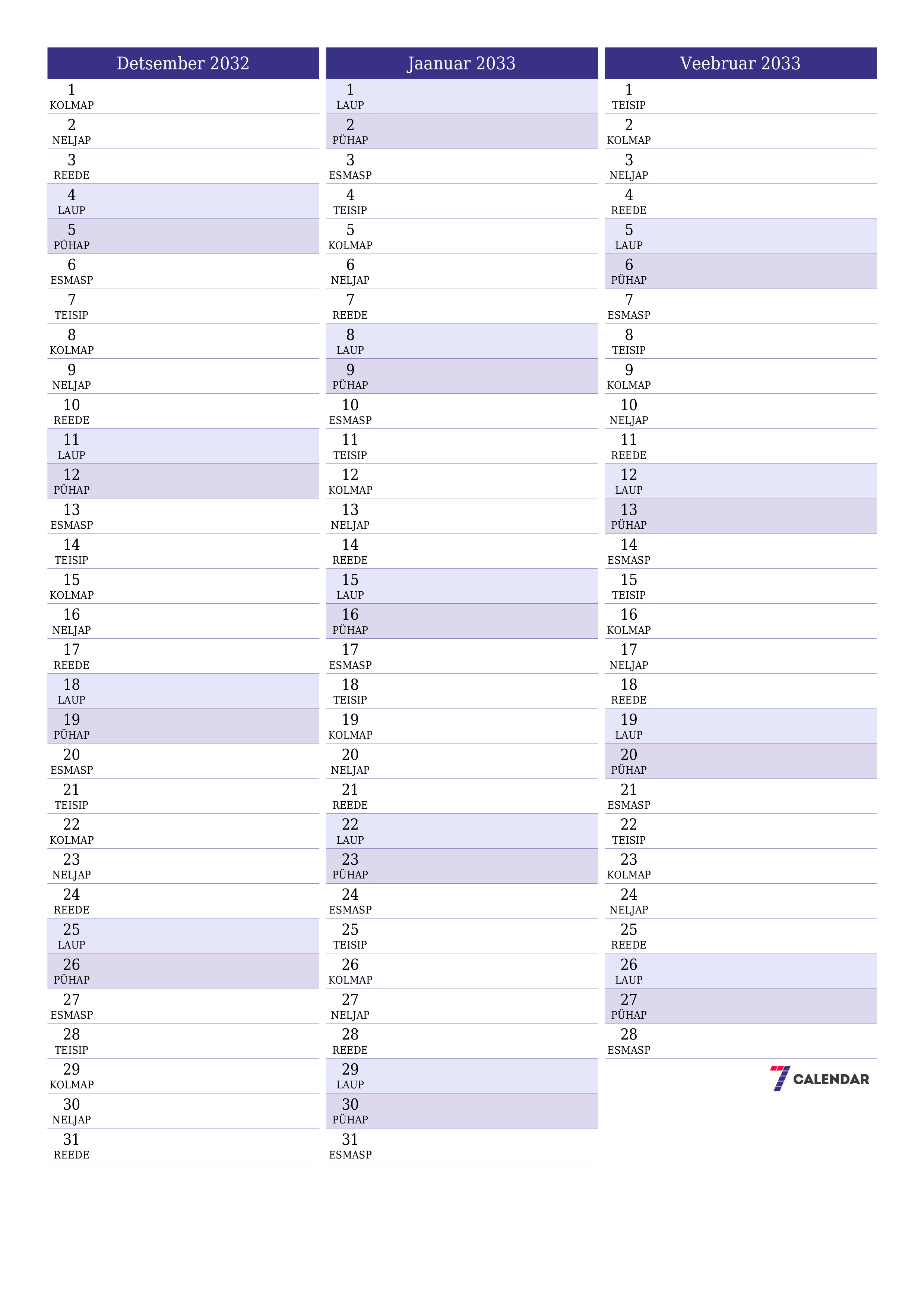 Tühjendage kuu Detsember 2032 kuuplaneerija märkmetega, salvestage ja printige PDF-i PNG Estonian