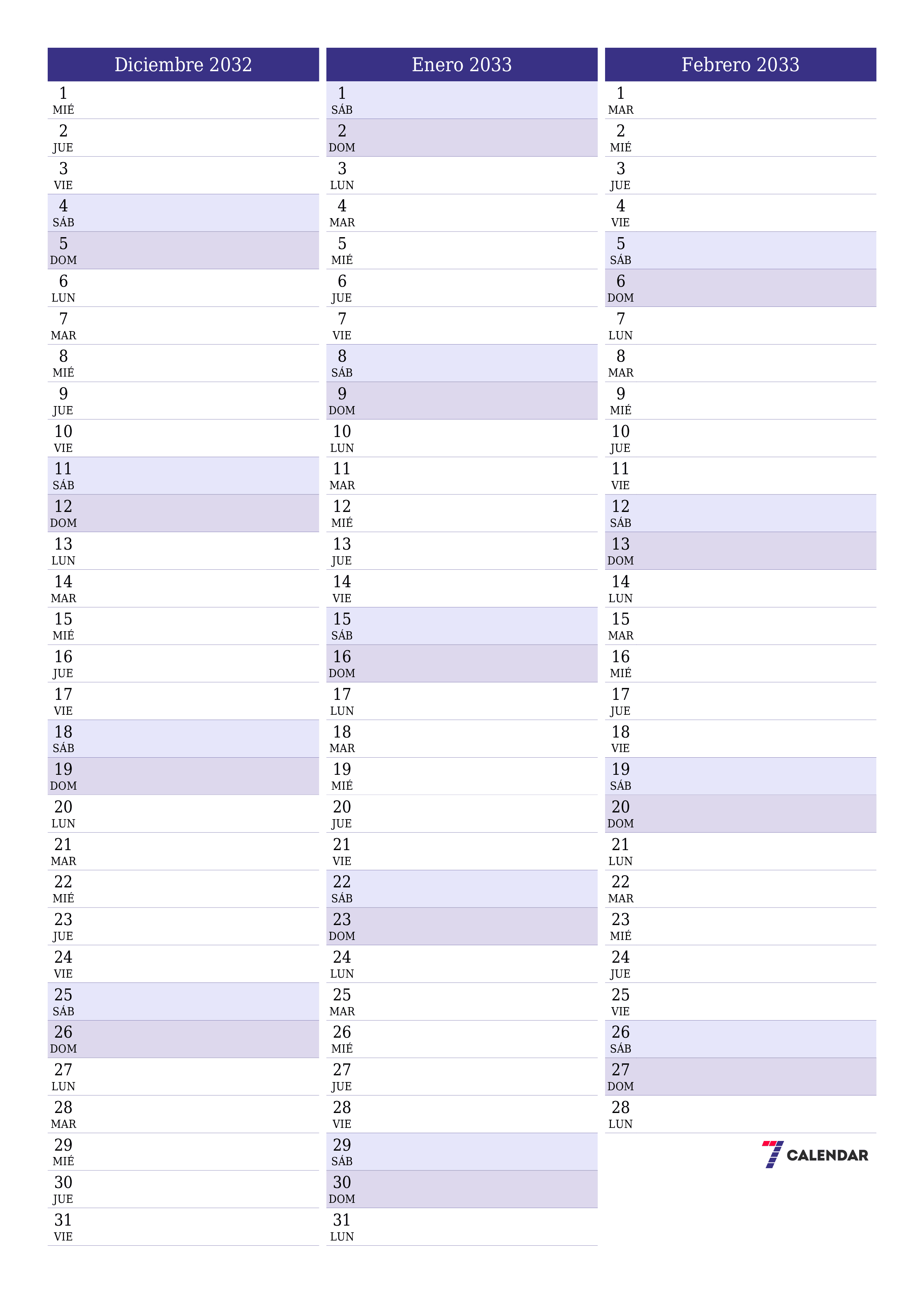  imprimible de pared plantilla de gratisvertical Mensual planificador calendario Diciembre (Dic) 2032