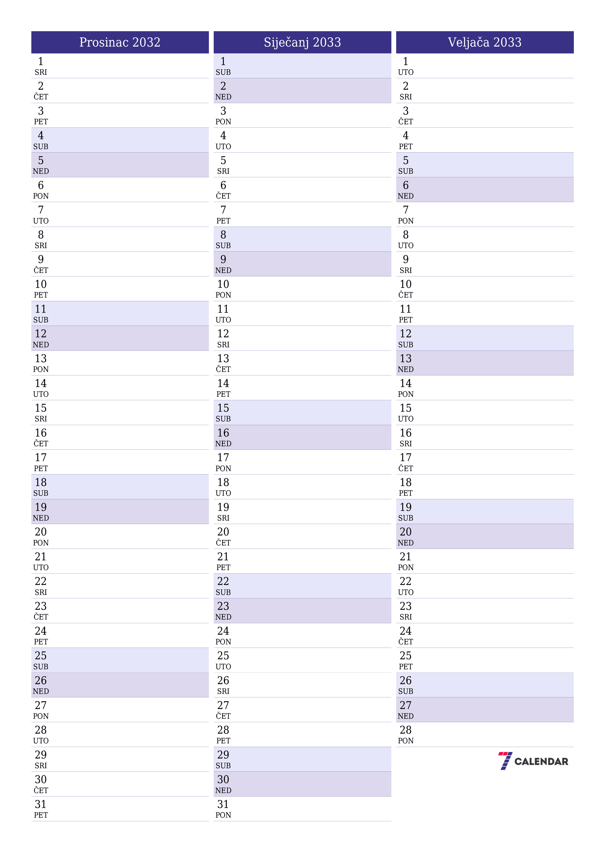  za ispis zidni predložak a besplatni okomito Mjesečni planer kalendar Prosinac (Pro) 2032