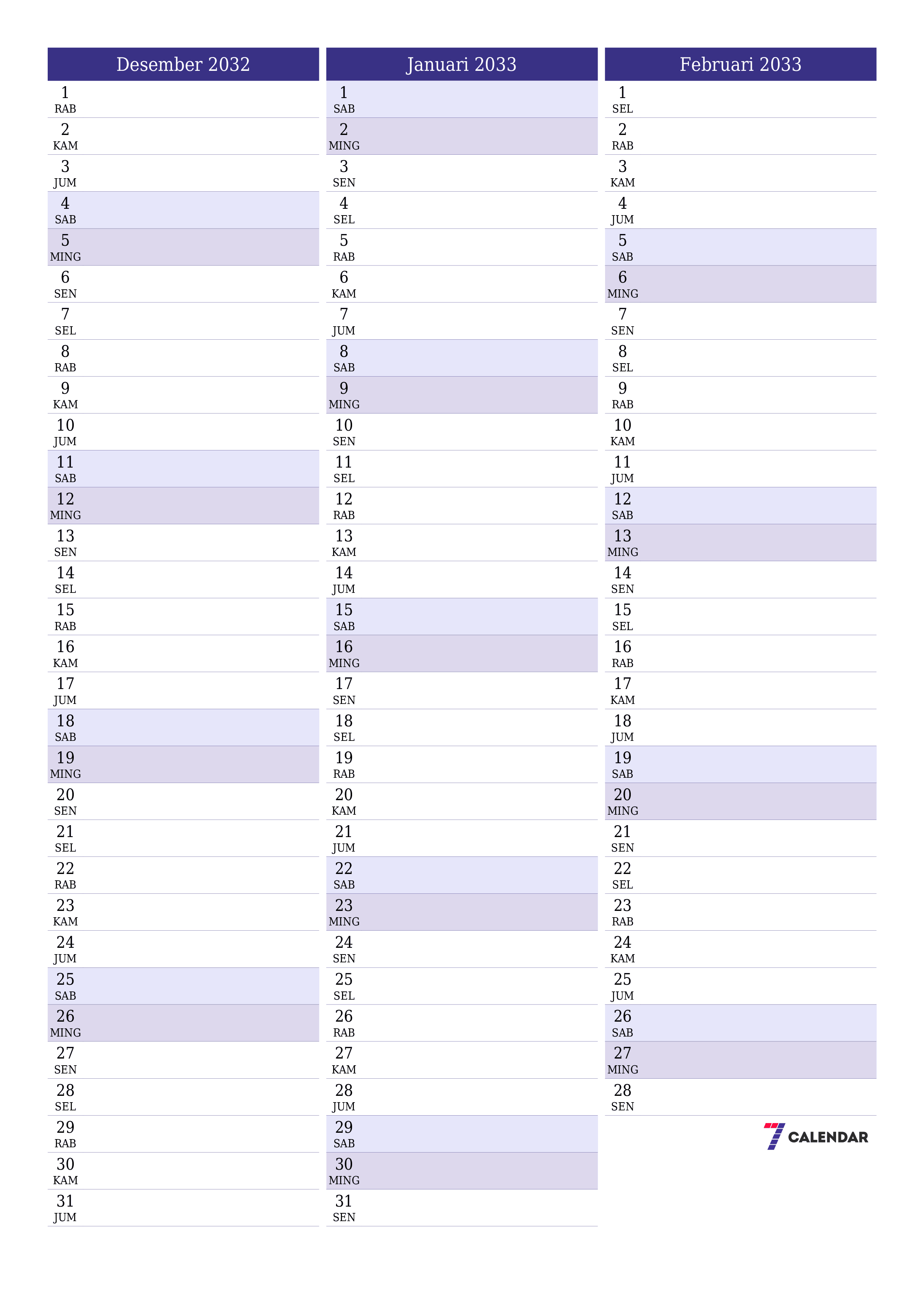  yang dapat dicetak dinding templat gratisvertikal Bulanan perencana kalender Desember (Des) 2032