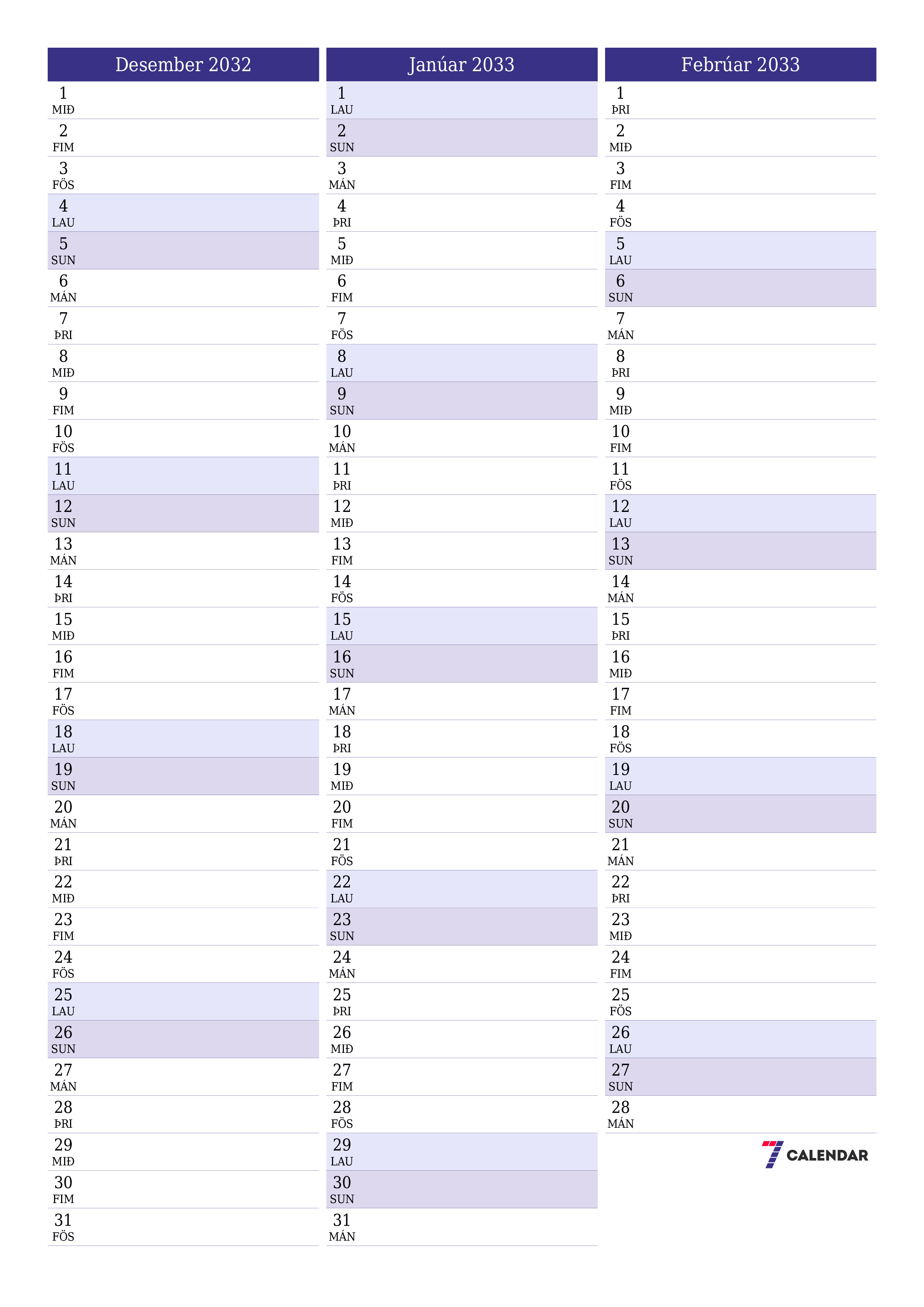 Tómur mánaðarlegur skipuleggjandi fyrir mánuðinn Desember 2032 með athugasemdum, vista og prenta á PDF PNG Icelandic