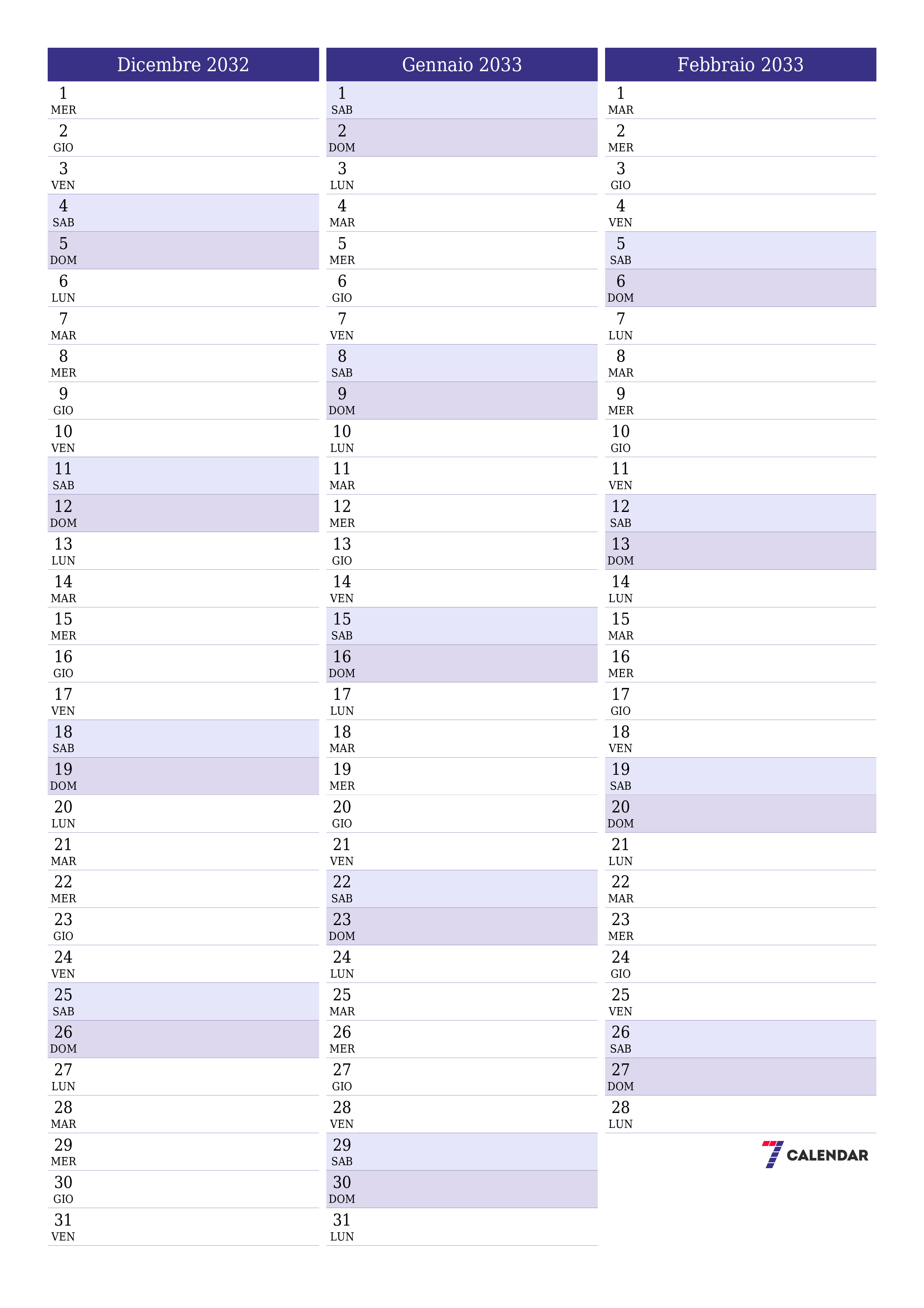 Pianificatore mensile vuoto per il mese Dicembre 2032 con note, salva e stampa in PDF PNG Italian