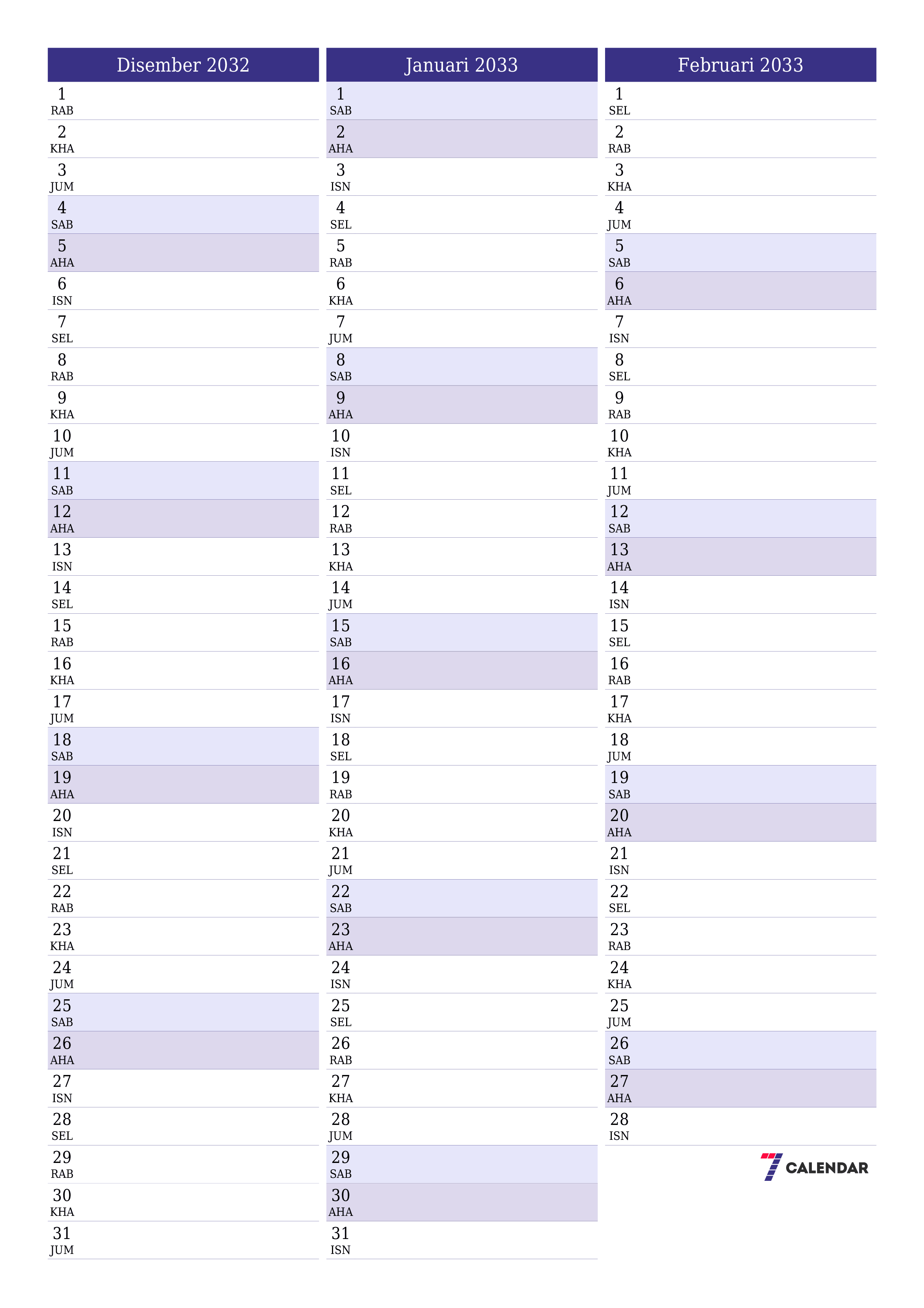  boleh cetak dinding templat percumamenegak Bulanan perancang kalendar Disember (Dis) 2032