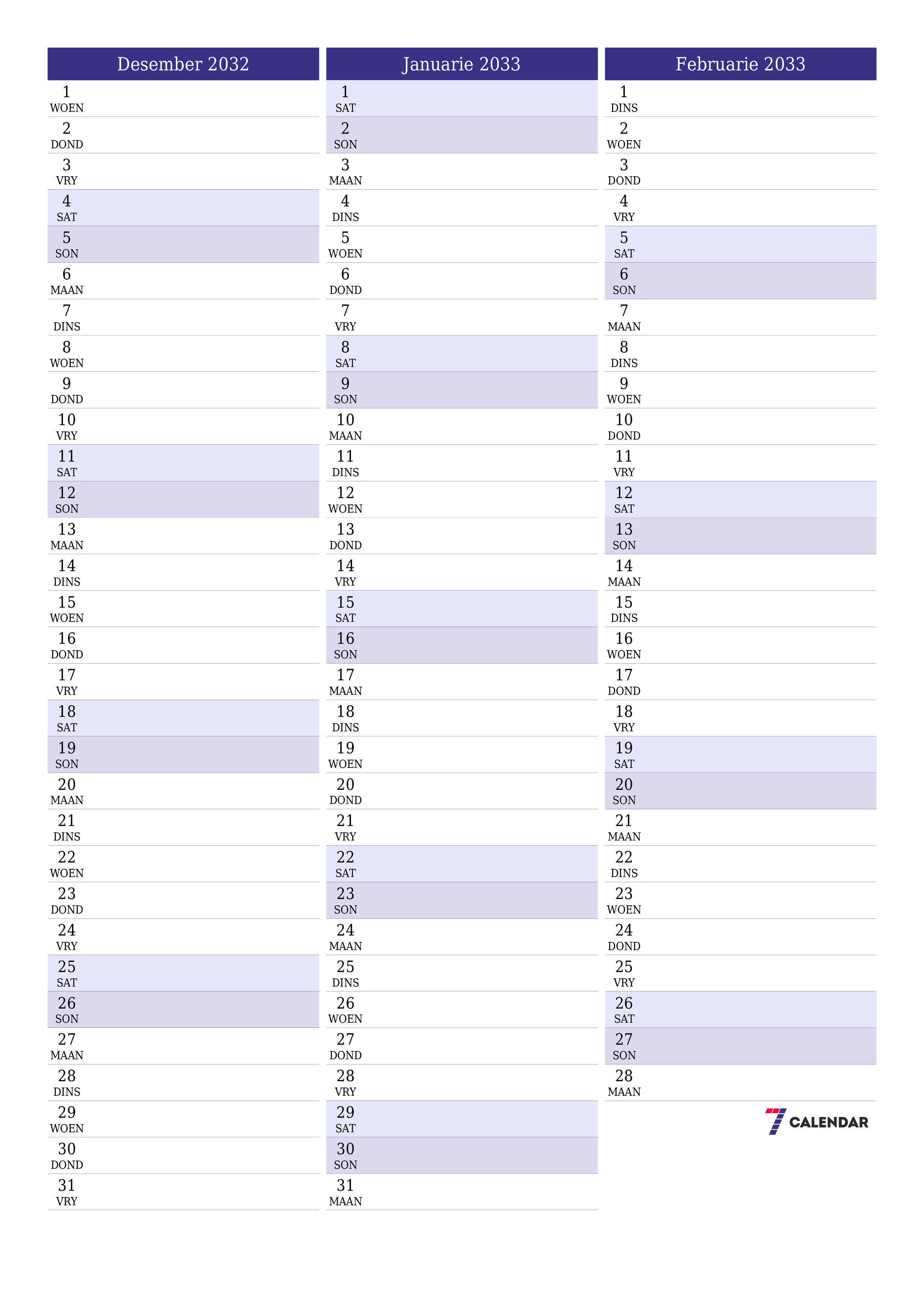 Leë maandelikse drukbare kalender en beplanner vir maand Desember 2032 met notas stoor en druk na PDF PNG Afrikaans