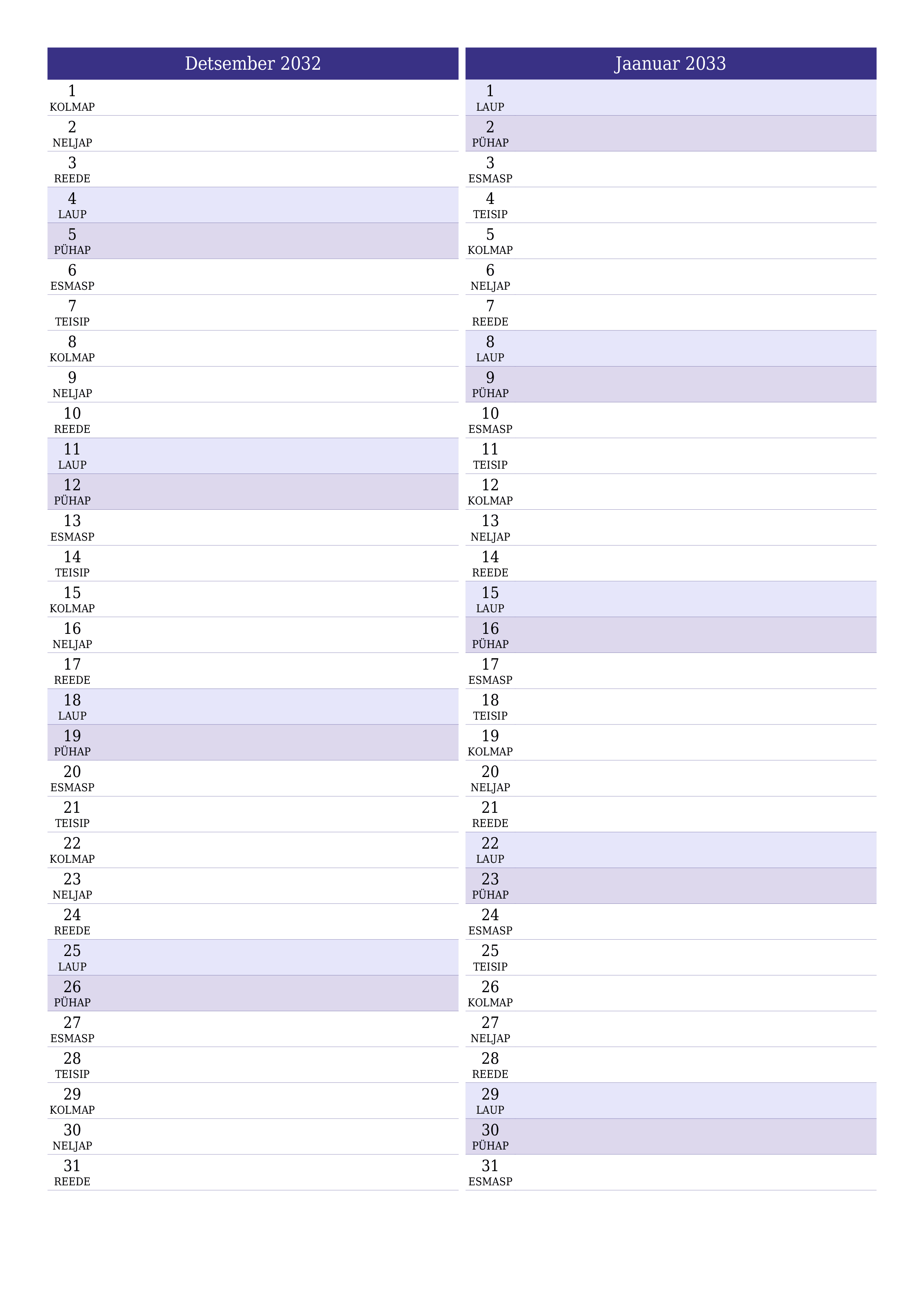 Tühjendage kuu Detsember 2032 kuuplaneerija märkmetega, salvestage ja printige PDF-i PNG Estonian