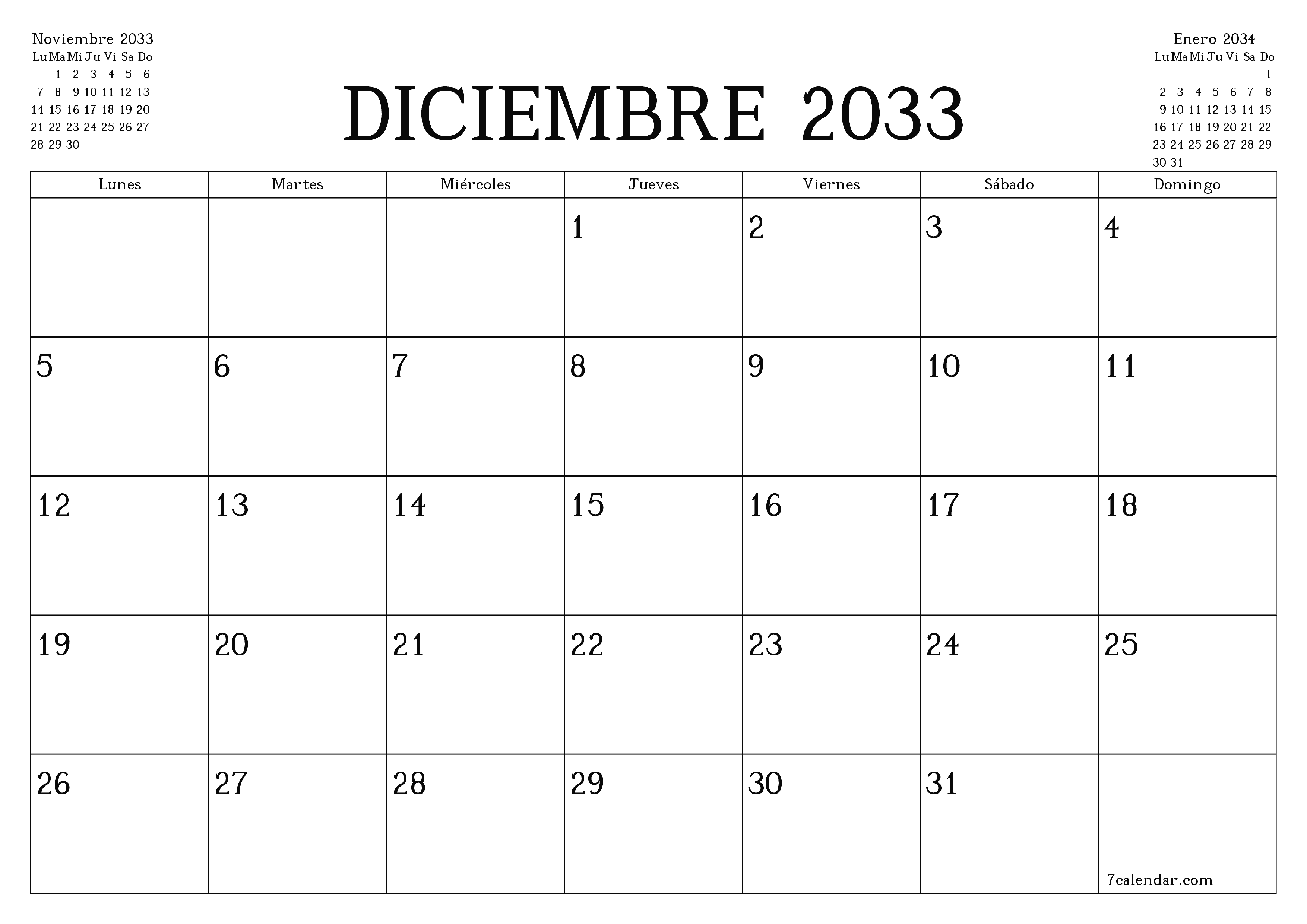 Planificador mensual vacío para el mes Diciembre 2033 con notas, guardar e imprimir en PDF PNG Spanish