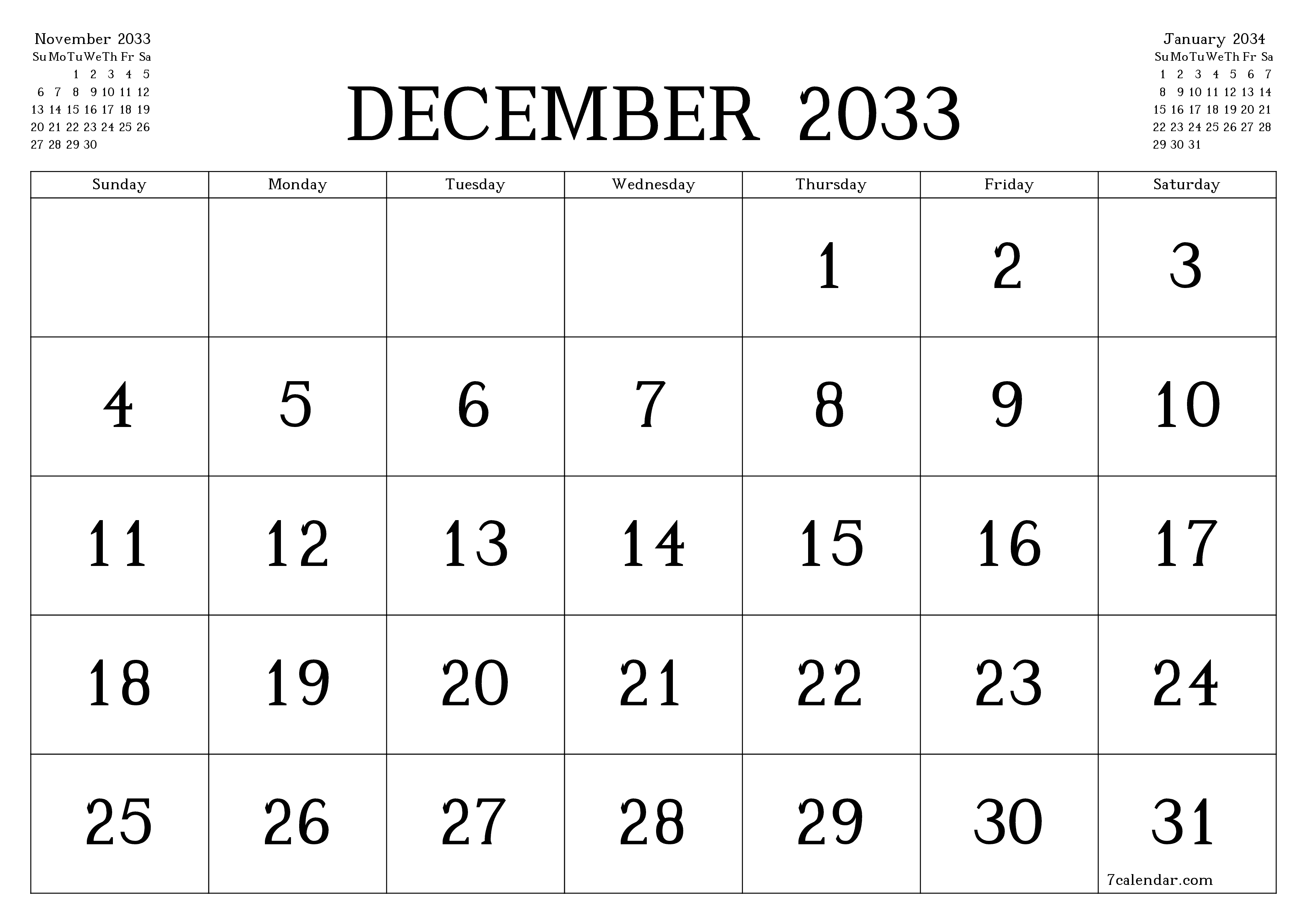 Blank calendar December 2033