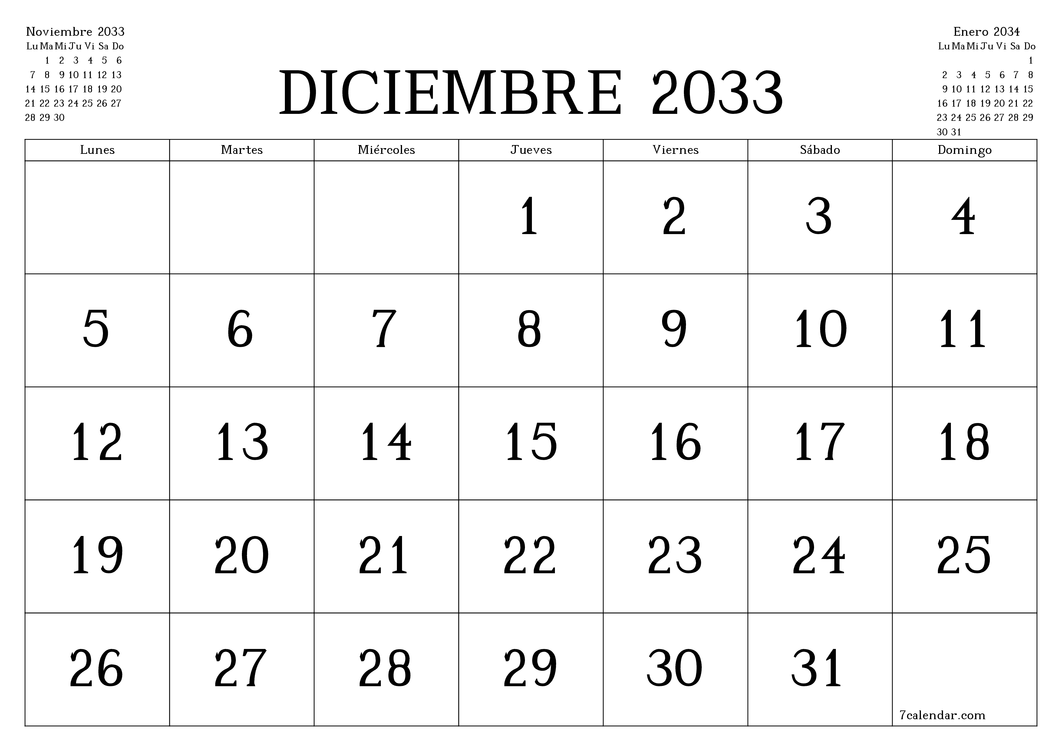Planificador mensual vacío para el mes Diciembre 2033 con notas, guardar e imprimir en PDF PNG Spanish