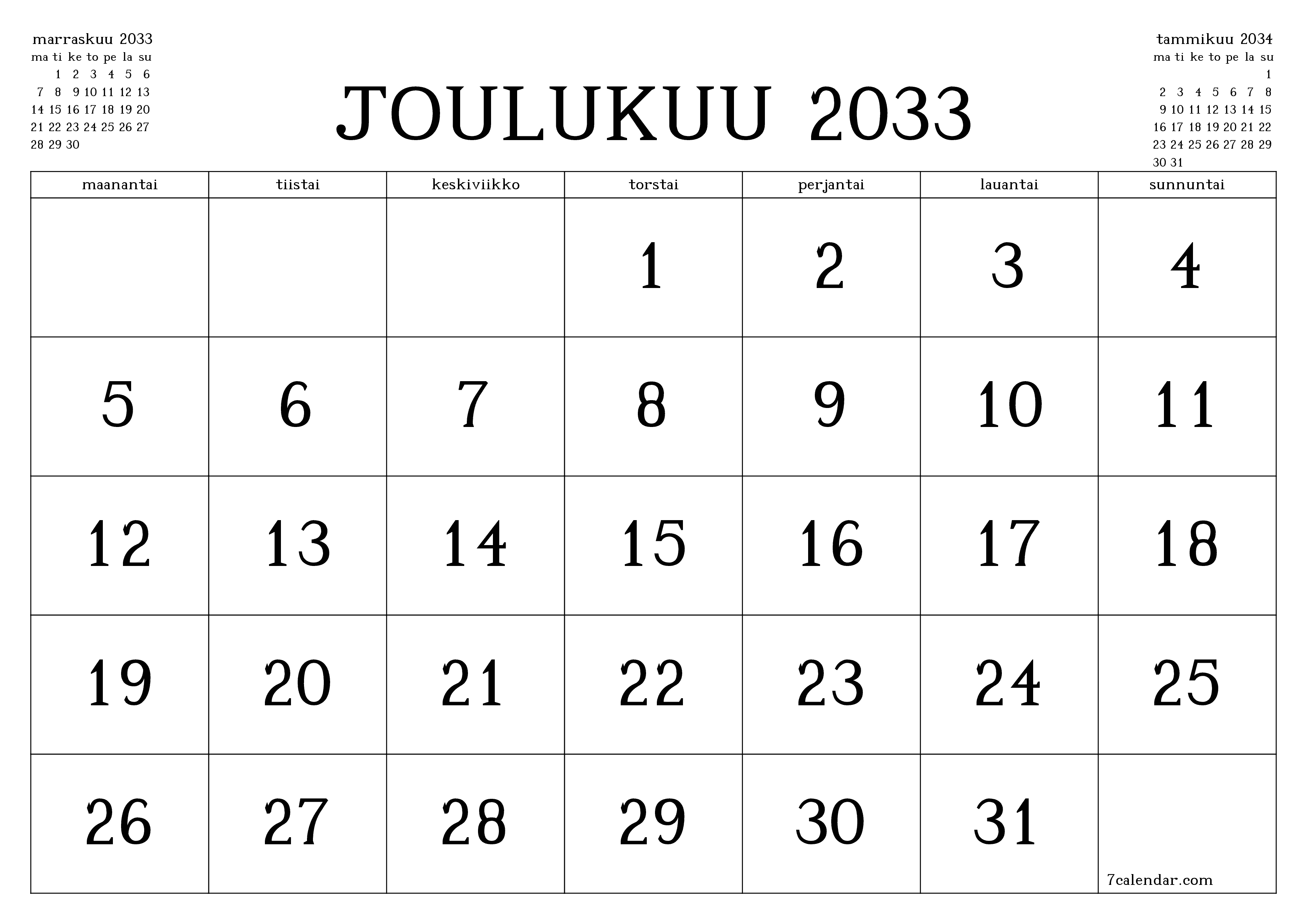 Tyhjennä kuukausittainen suunnittelija kuukaudelle Joulukuu 2033 muistiinpanoilla, tallenna ja tulosta PDF-muotoon PNG Finnish