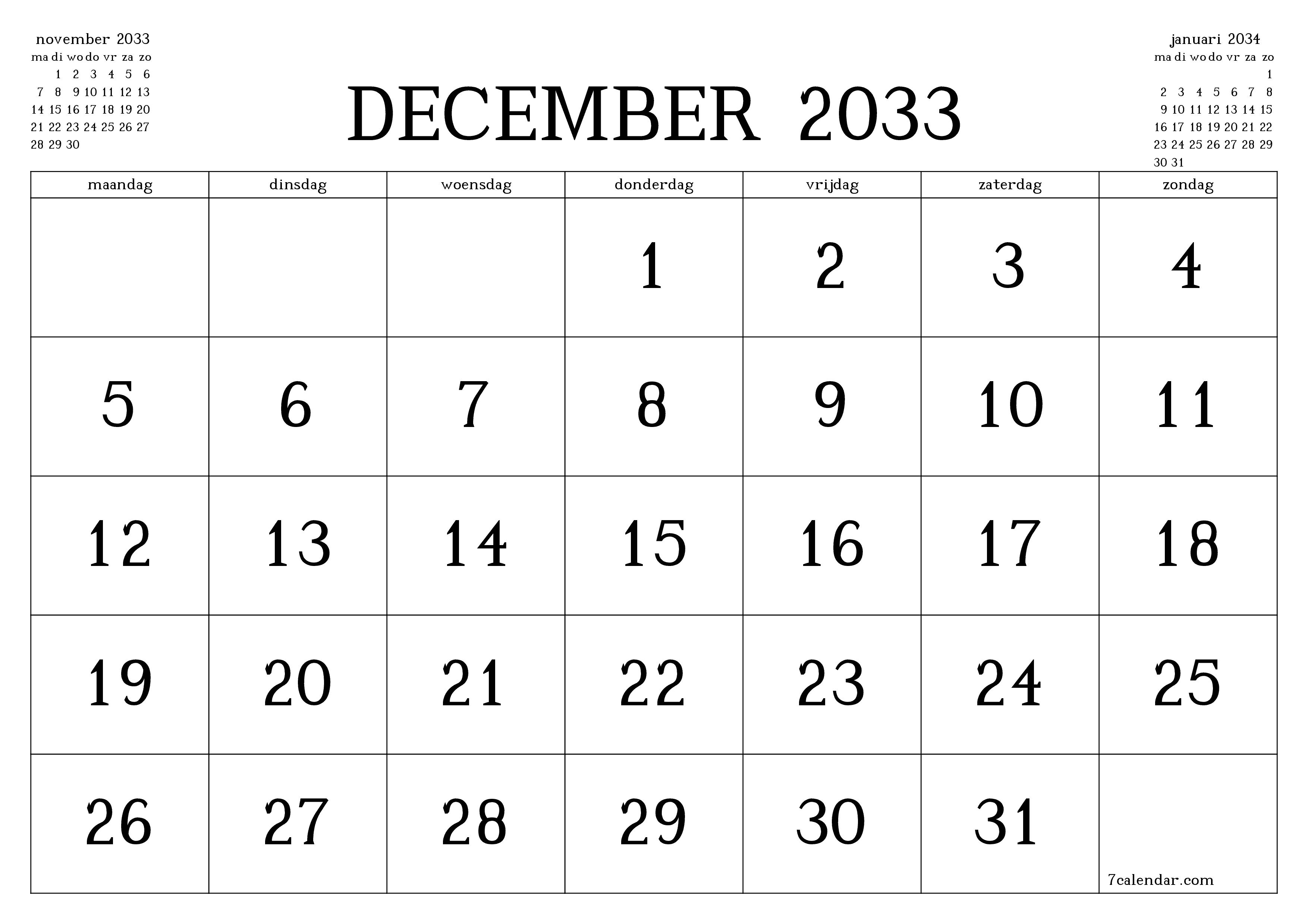 Lege maandplanner voor maand december 2033 met notities, opslaan en afdrukken naar pdf PNG Dutch
