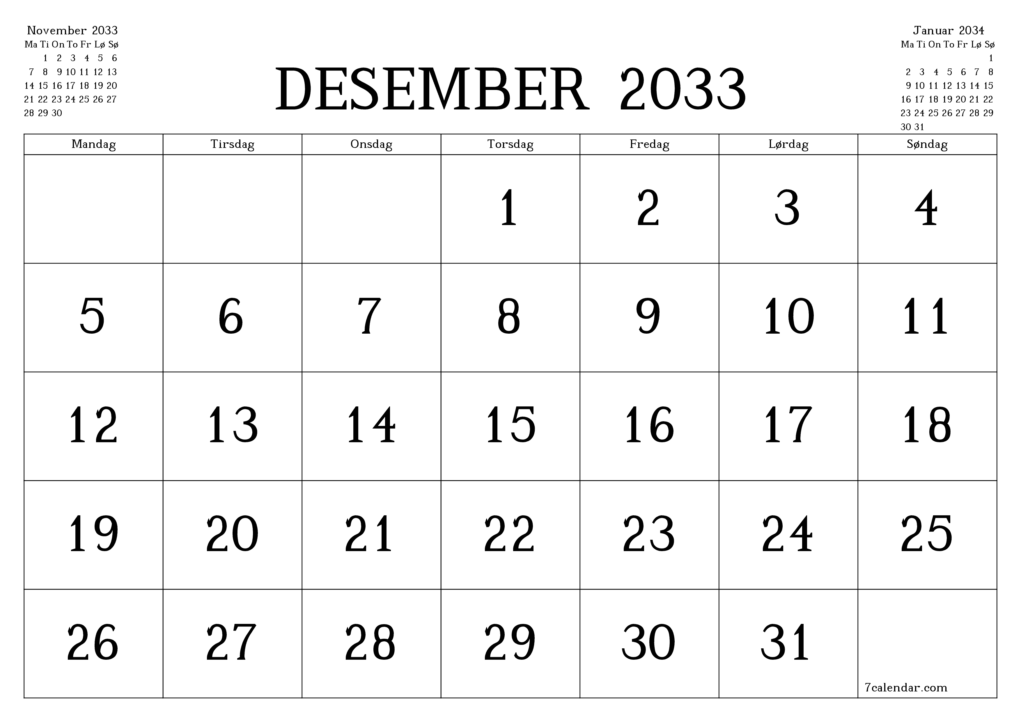 Tom månedlig planlegger for måned Desember 2033 med notater, lagre og skriv ut til PDF PNG Norwegian