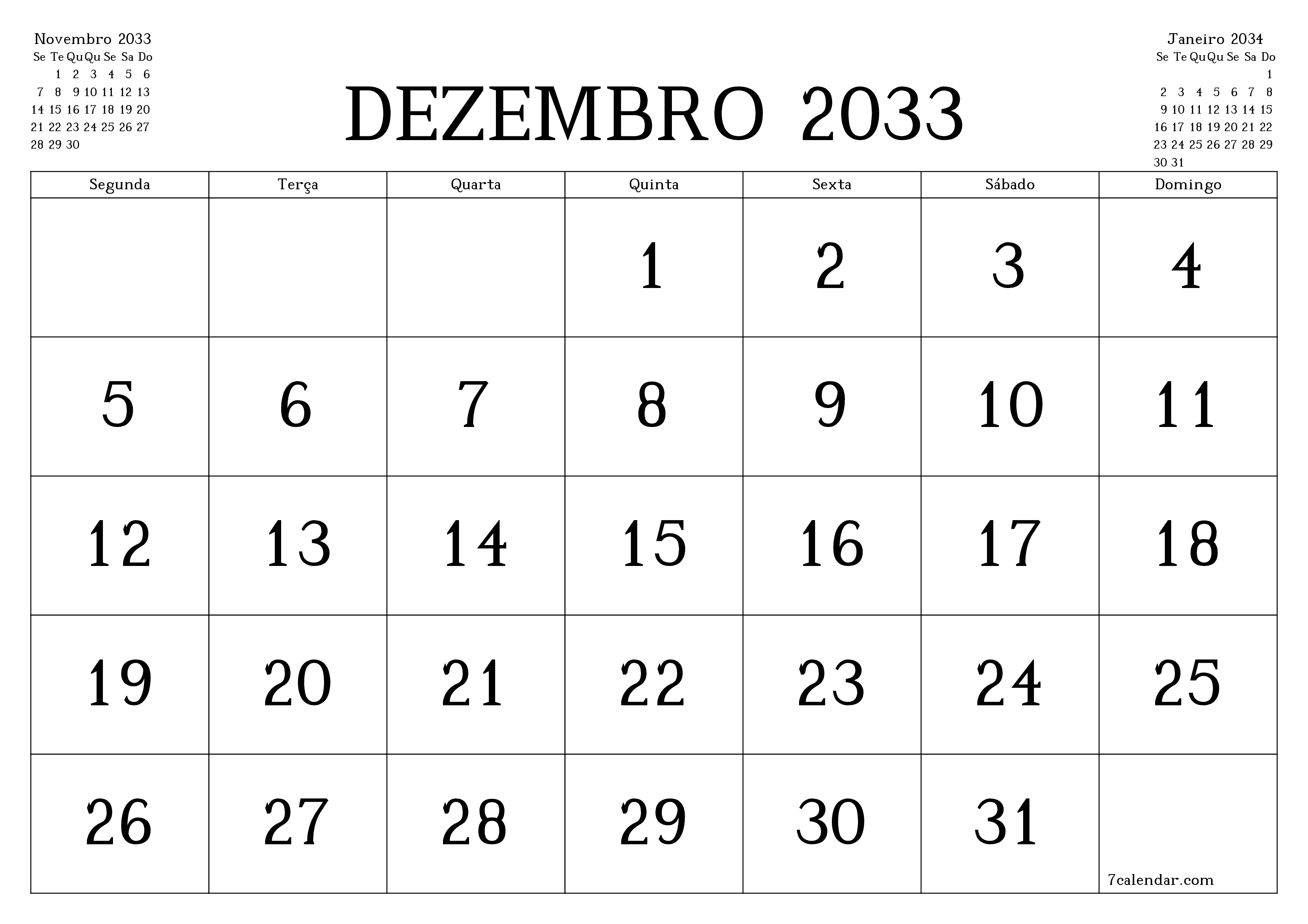 Esvazie o planejador mensal para o mês Dezembro 2033 com notas, salve e imprima em PDF PNG Portuguese