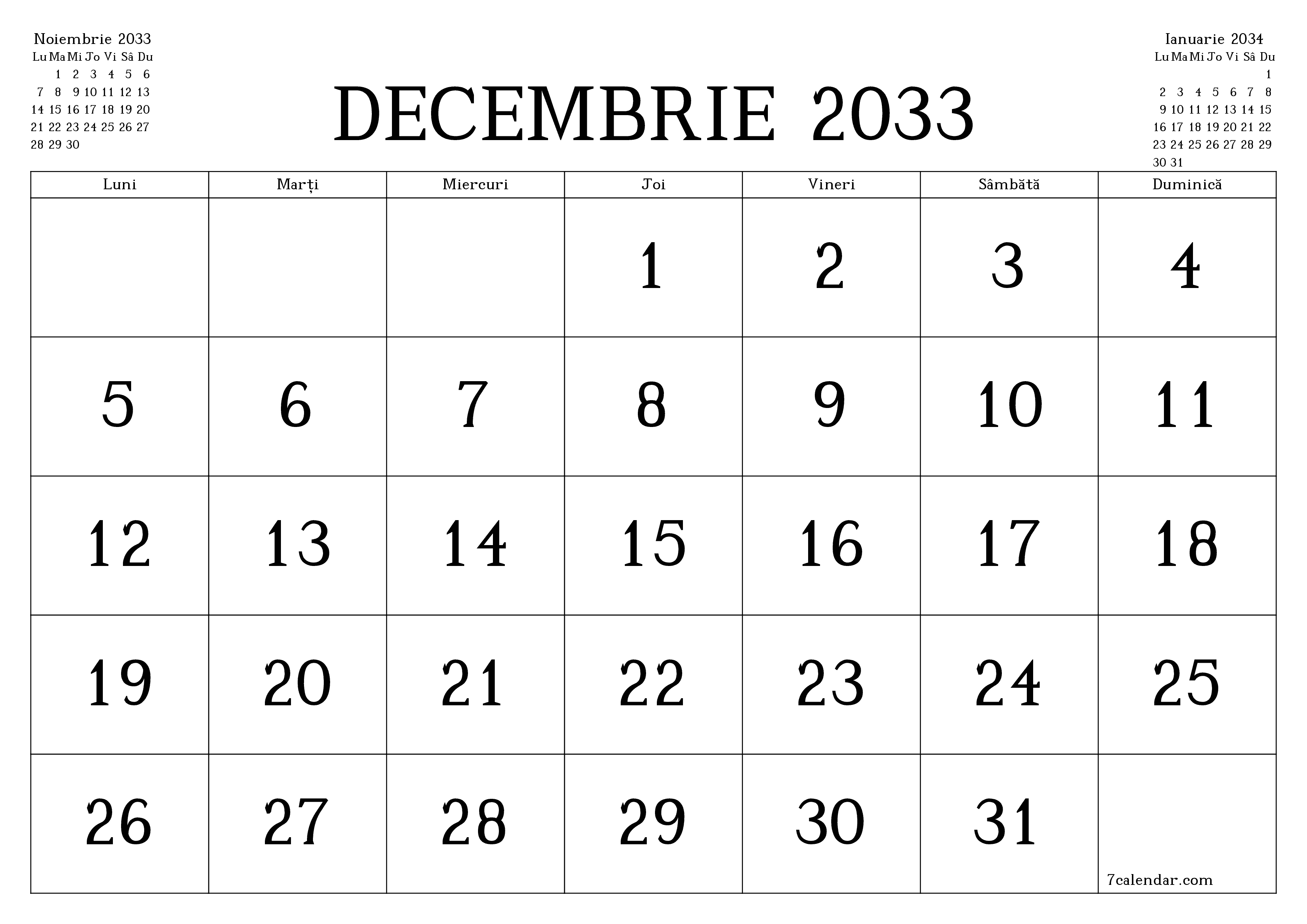Planificator lunar gol pentru luna Decembrie 2033 cu note, salvați și tipăriți în PDF PNG Romanian