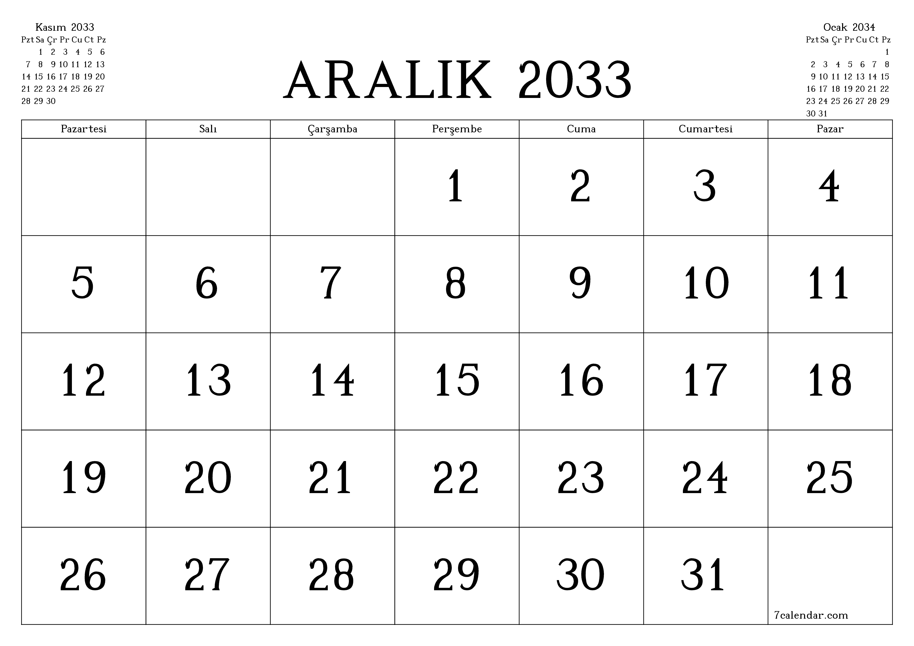 Aralık 2033 ayı için notlarla birlikte boş aylık planlayıcı, kaydedin ve PDF'ye yazdırın PNG Turkish