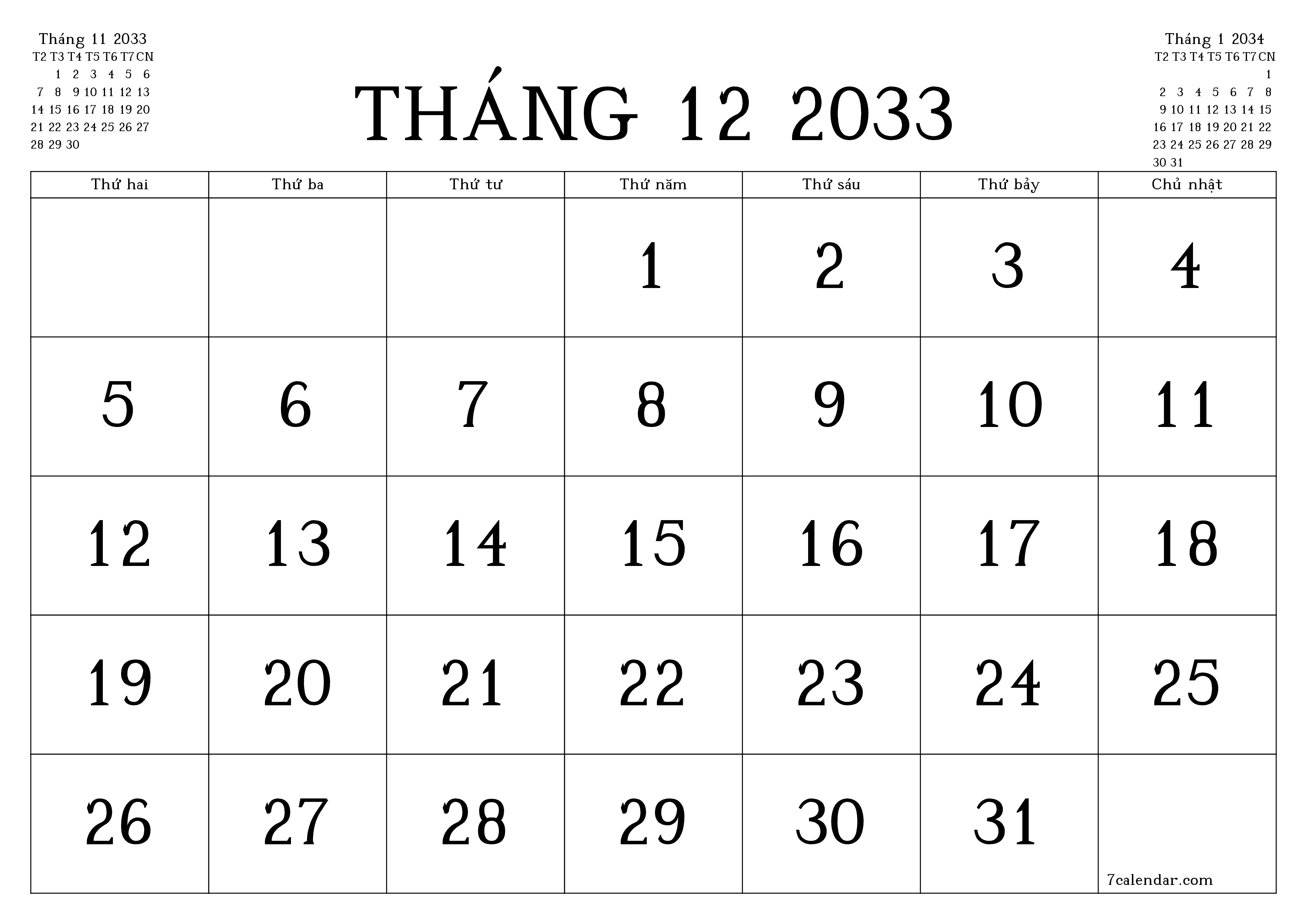 Công cụ lập kế hoạch hàng tháng trống cho tháng Tháng 12 2033 có ghi chú, lưu và in sang PDF PNG Vietnamese