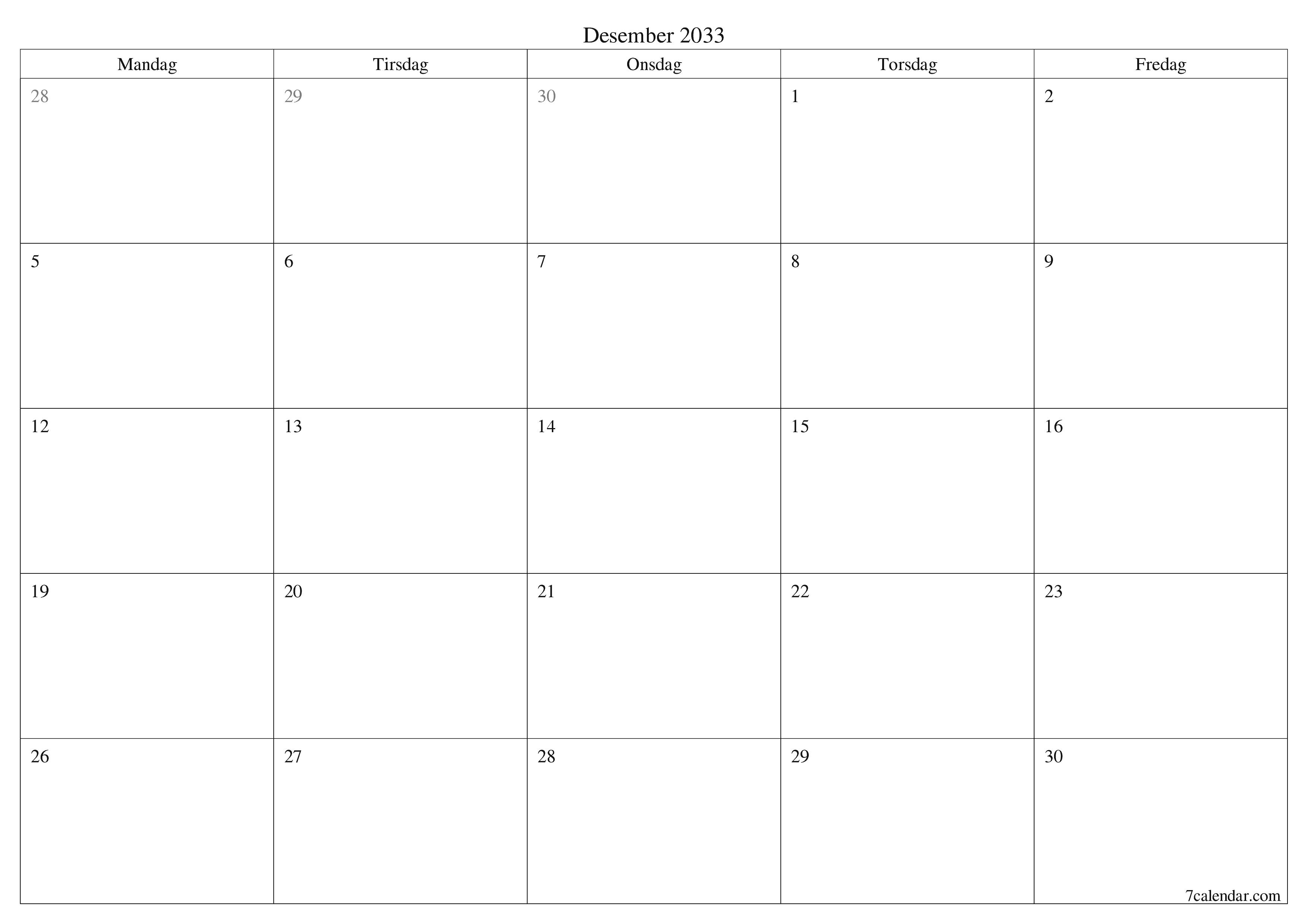 Tom månedlig planlegger for måned Desember 2033 med notater, lagre og skriv ut til PDF PNG Norwegian