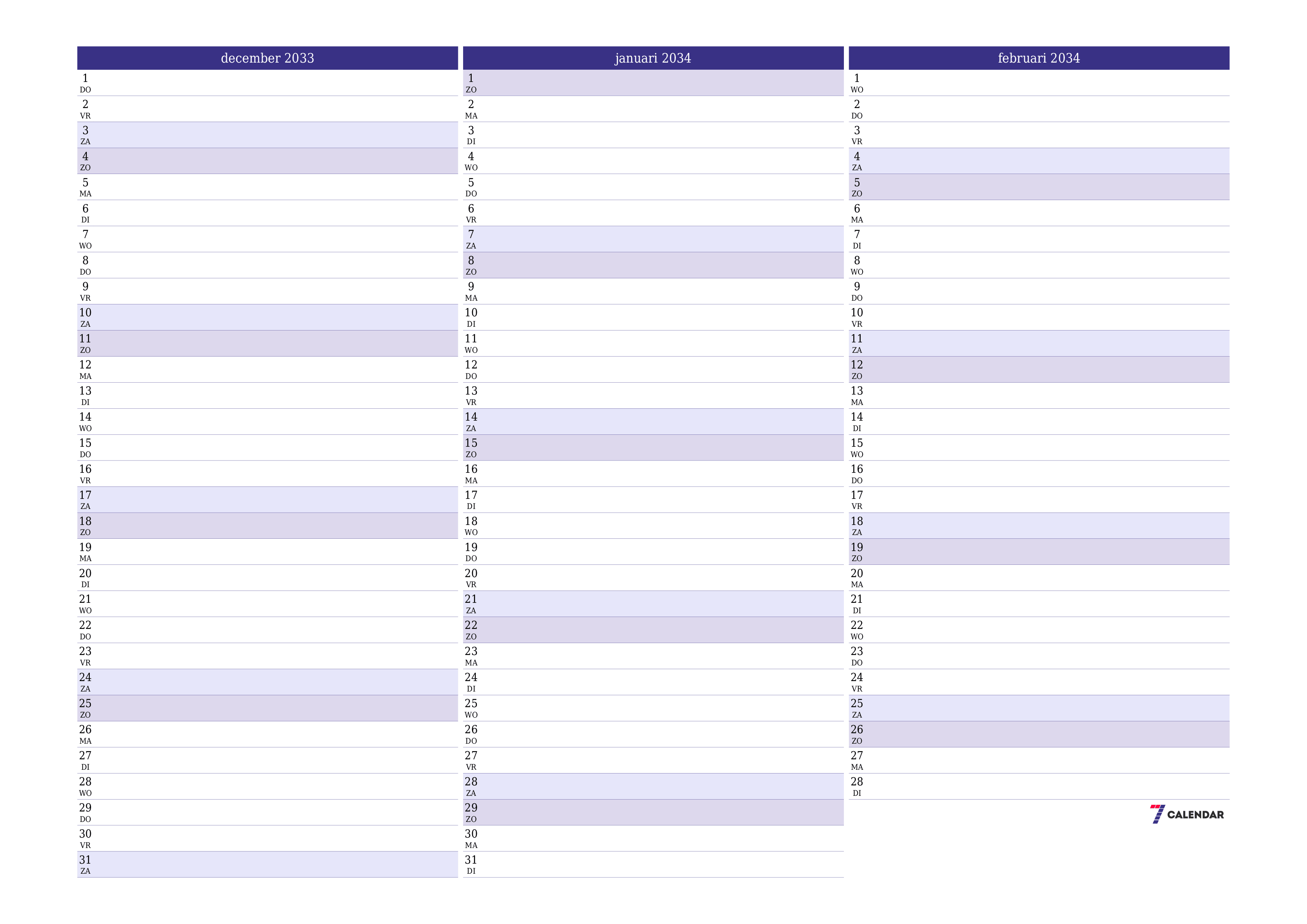 Lege maandplanner voor maand december 2033 met notities, opslaan en afdrukken naar pdf PNG Dutch