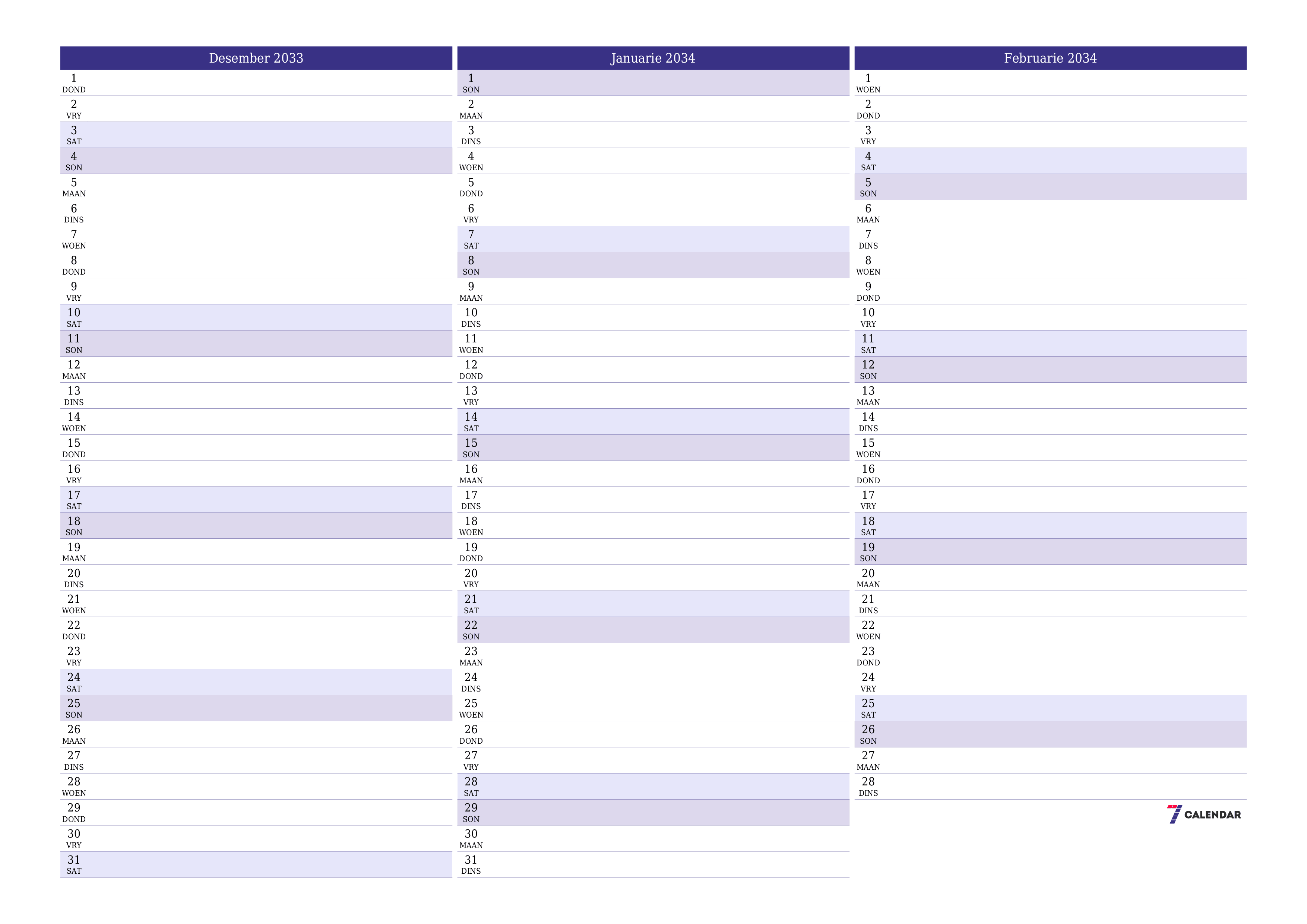 Leë maandelikse drukbare kalender en beplanner vir maand Desember 2033 met notas stoor en druk na PDF PNG Afrikaans